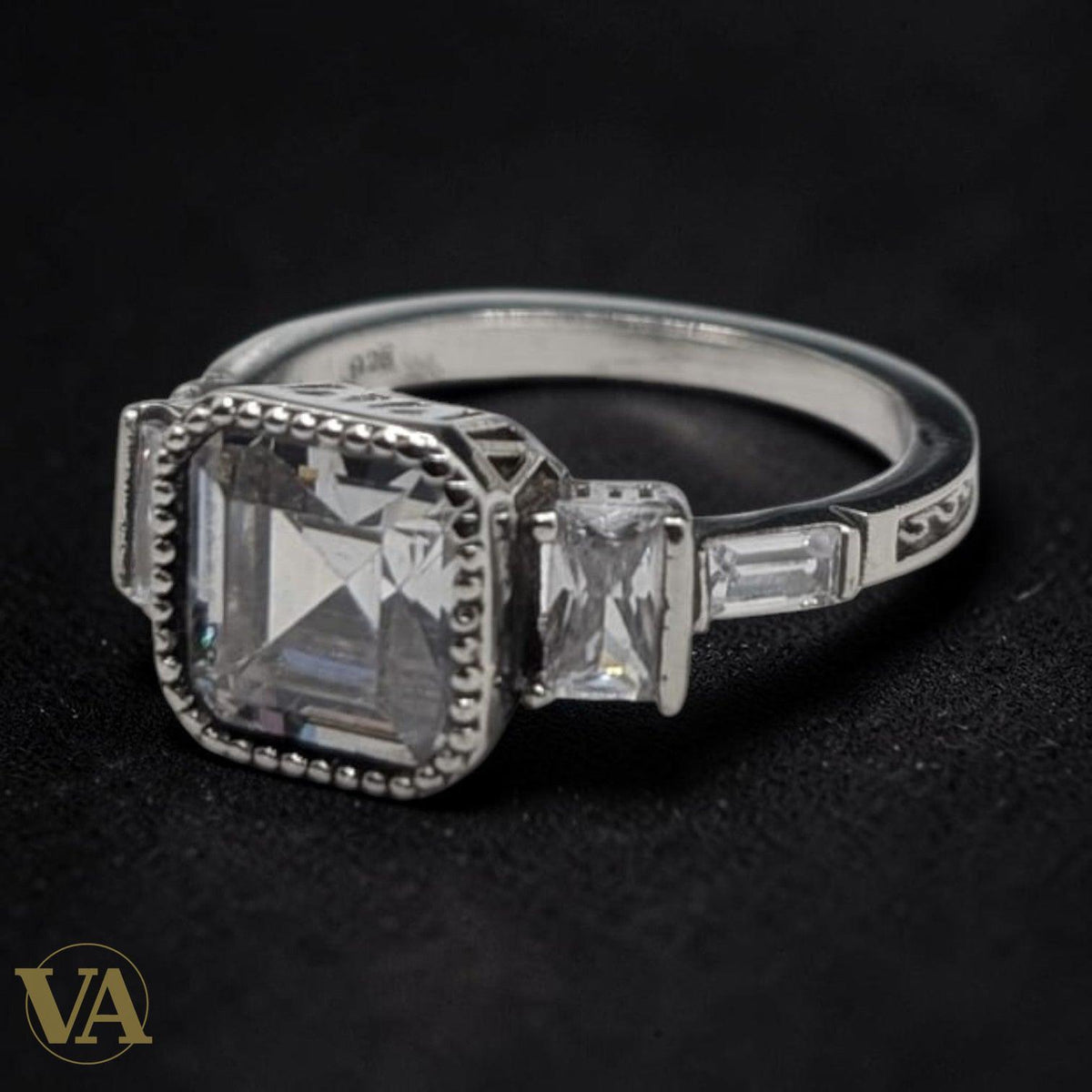Bague Femme Argent 925 Solitaire Zircon Asscher Milgrain Art Déco - Argent 925 - Vindicta