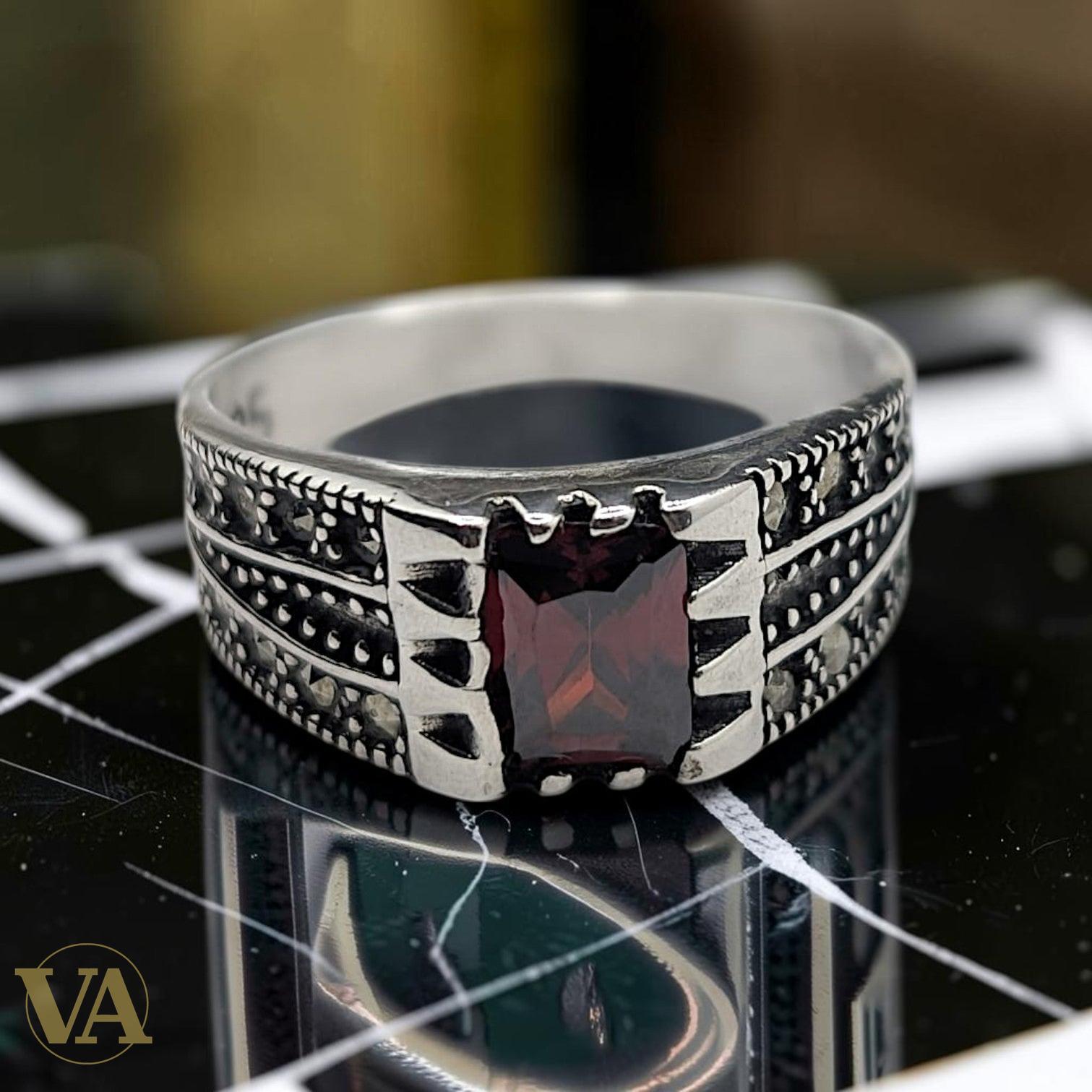 Bague Homme Argent 925 Grenat Rouge Marcassite Chevrons Art Déco-Vindicta : Bijoux Argent 925 Massif, Luxe et Héritage