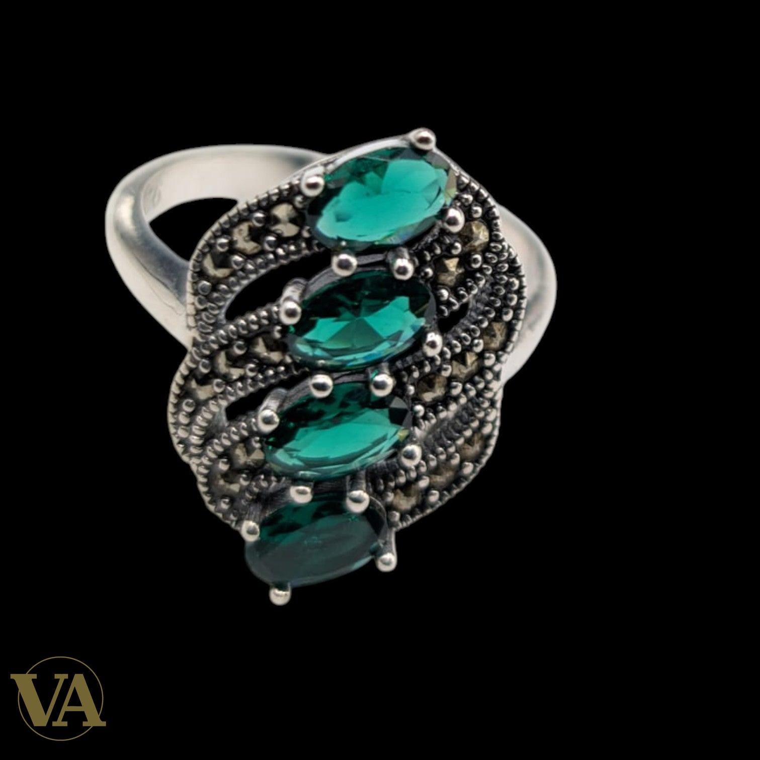 Bague Femme Argent 925 Émeraude & Marcassite – Design Vintage Ajouré