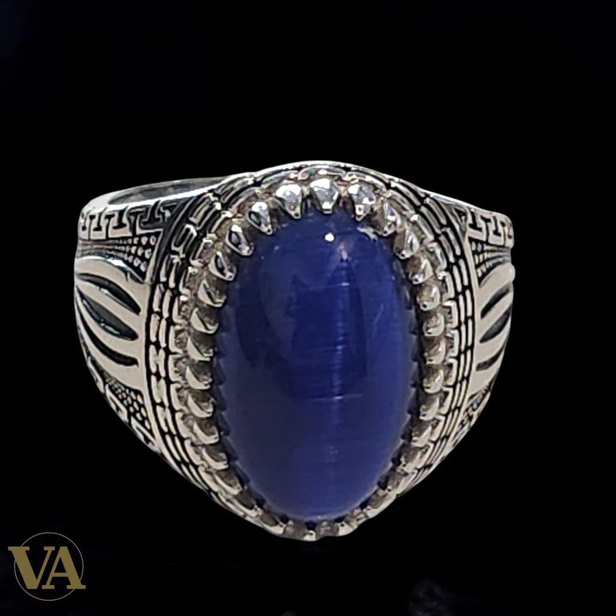 Bague Homme Argent 925 Œil de Chat Bleu – Mystique & Élégante | Bijoux Vindicta