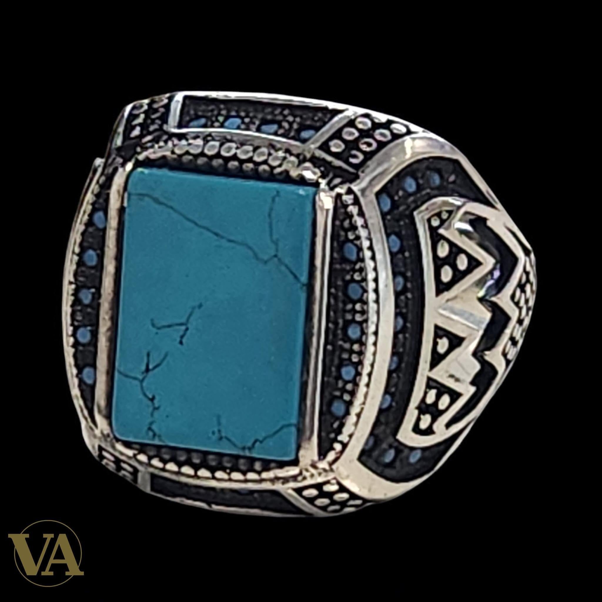 Bague homme argent 925 et turquoise rectangulaire - Argent 925 - Vindicta
