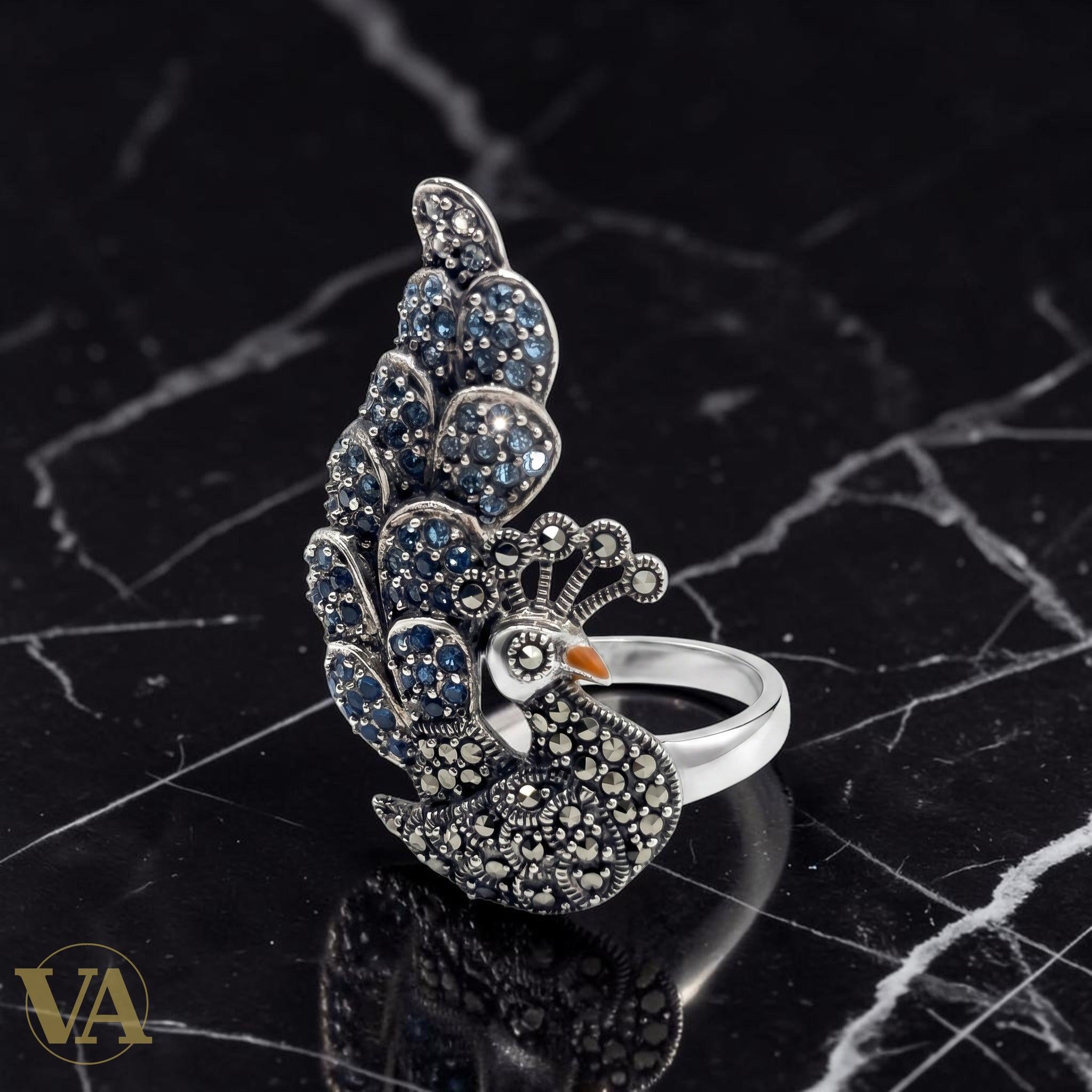 Bague Femme Argent 925 Plume Paon Zirconium Bleu Marcassite