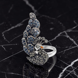 Bague Femme Argent 925 Plume Paon Zirconium Bleu Marcassite