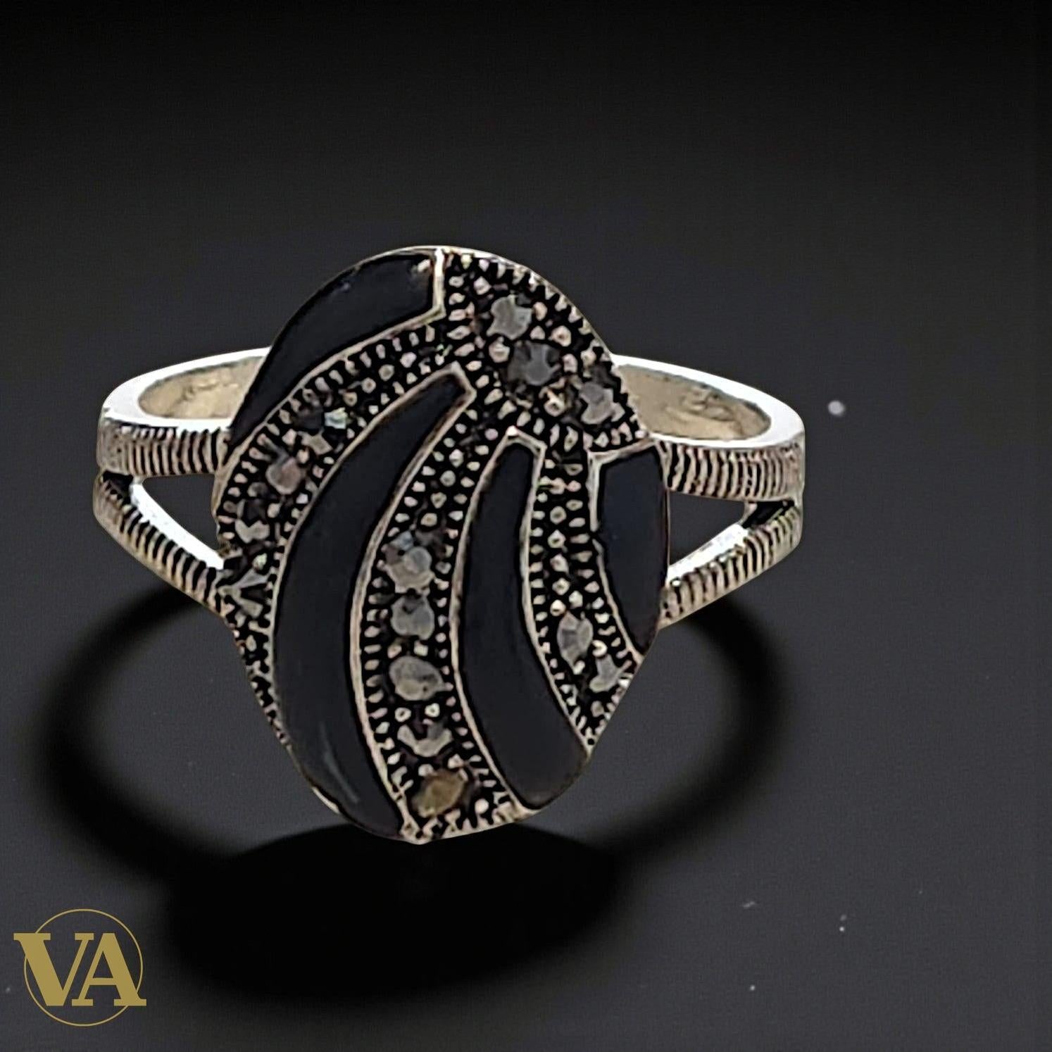 Bague Femme Argent 925 Onyx Noir et Marcassites – Élégance Vintage