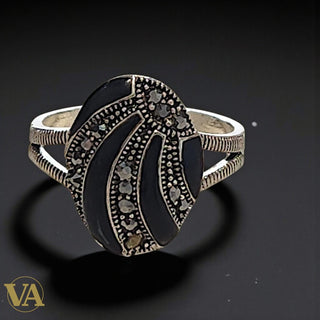 Bague Femme Argent 925 Onyx Noir et Marcassites – Élégance Vintage
