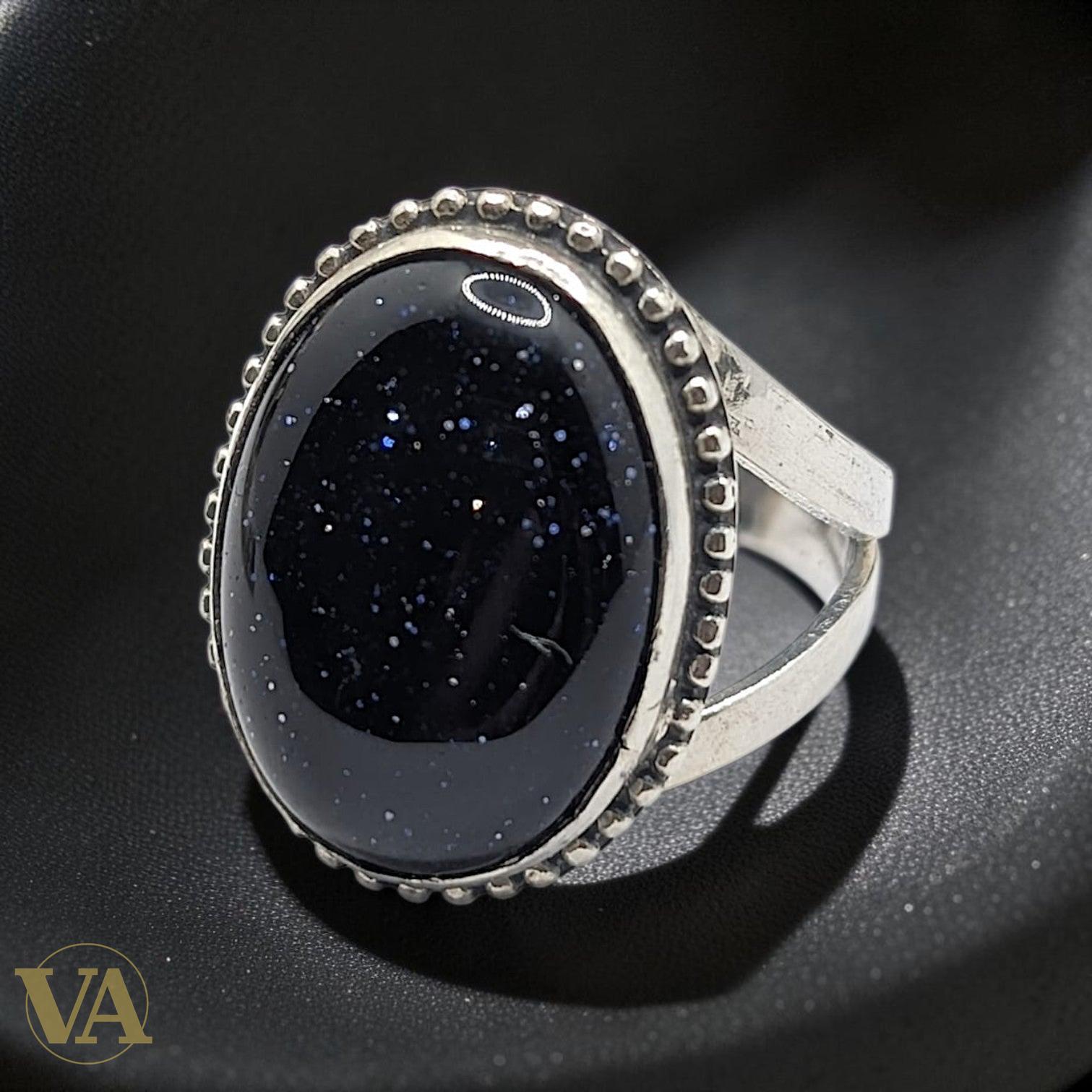 Bague femme argent 925 Pierre des Étoiles bleue cabochon ovale