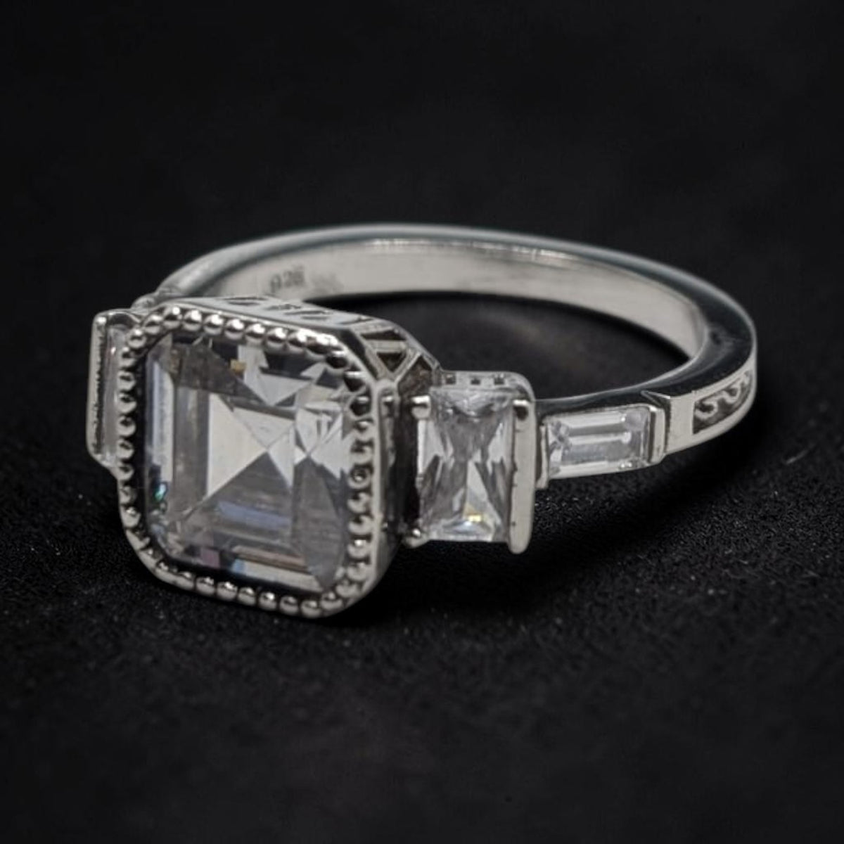 Bague Femme Argent 925 Solitaire Zircon Asscher Milgrain Art Déco
