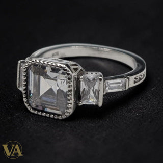Bague Femme Argent 925 Solitaire Zircon Asscher Milgrain Art Déco