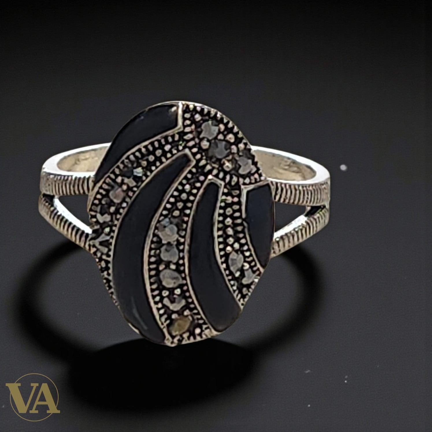 Bague Femme Argent 925 Onyx Noir et Marcassites – Élégance Vintage