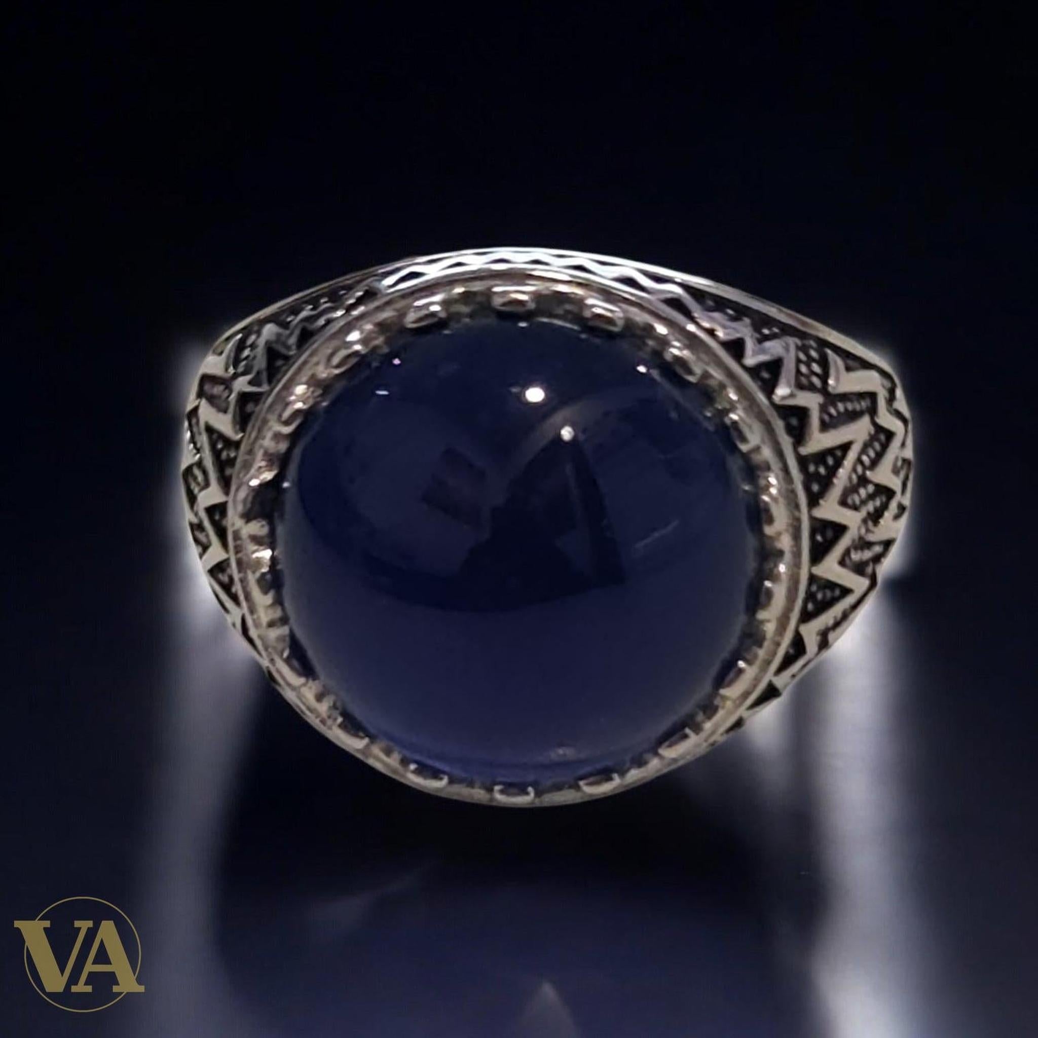 Bague homme argent 925 cabochon agate bleue | Bijoux Vindicta