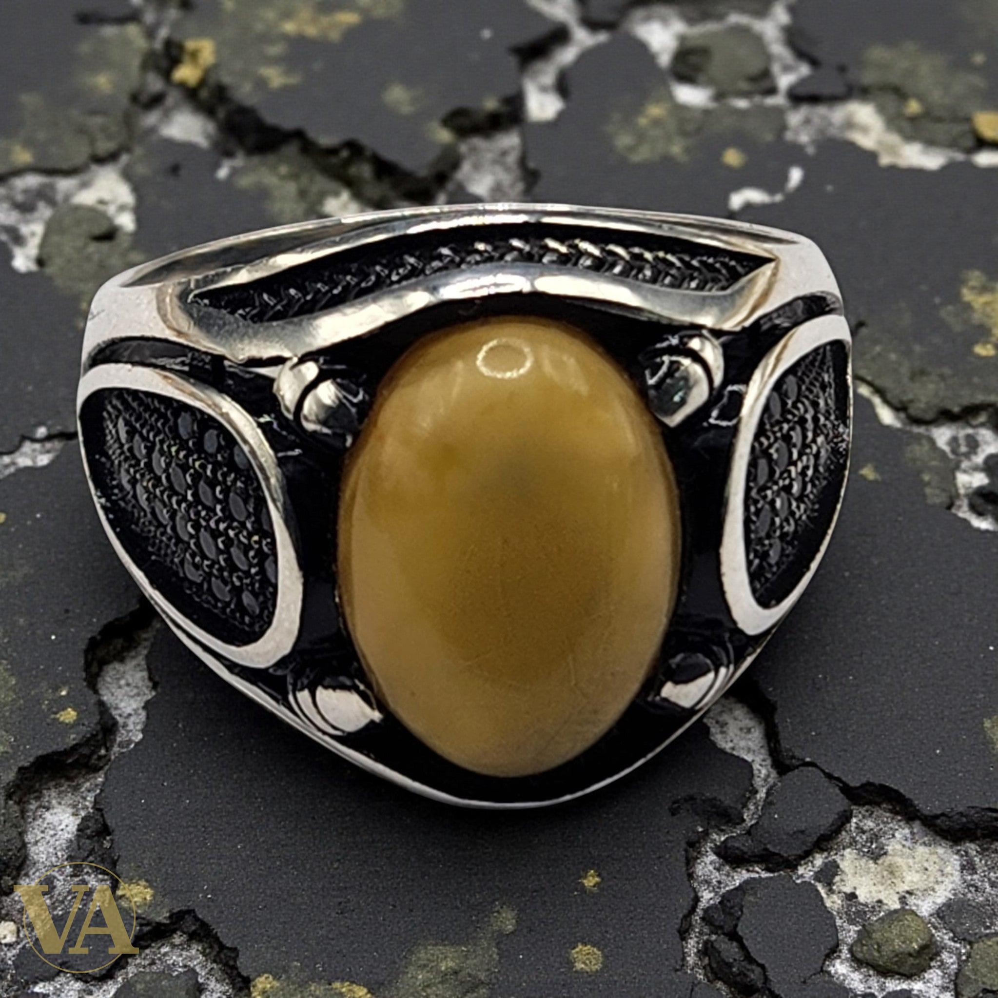 Bague Homme Argent 925 – Ambre jaune cabochon ovale