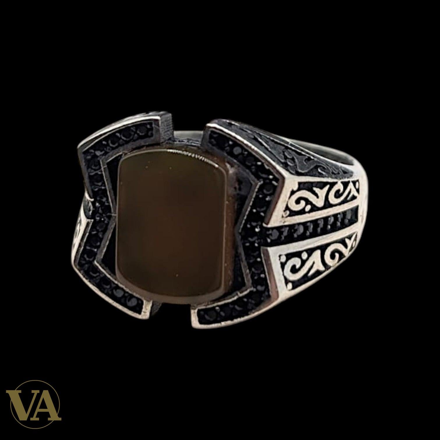 Chevalière Homme Argent 925 Œil de Tigre Arabesques Ottomanes Dorées-Vindicta : Bijoux Argent 925 Massif, Luxe et Héritage