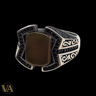 Chevalière Homme Argent 925 Œil de Tigre Arabesques Ottomanes Dorées