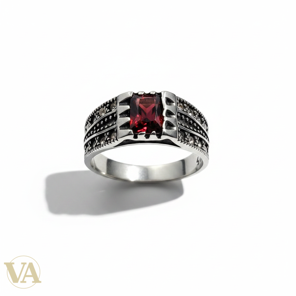 Bague Homme Argent 925 Grenat Rouge Marcassite Chevrons Art Déco-Vindicta : Bijoux Argent 925 Massif, Luxe et Héritage
