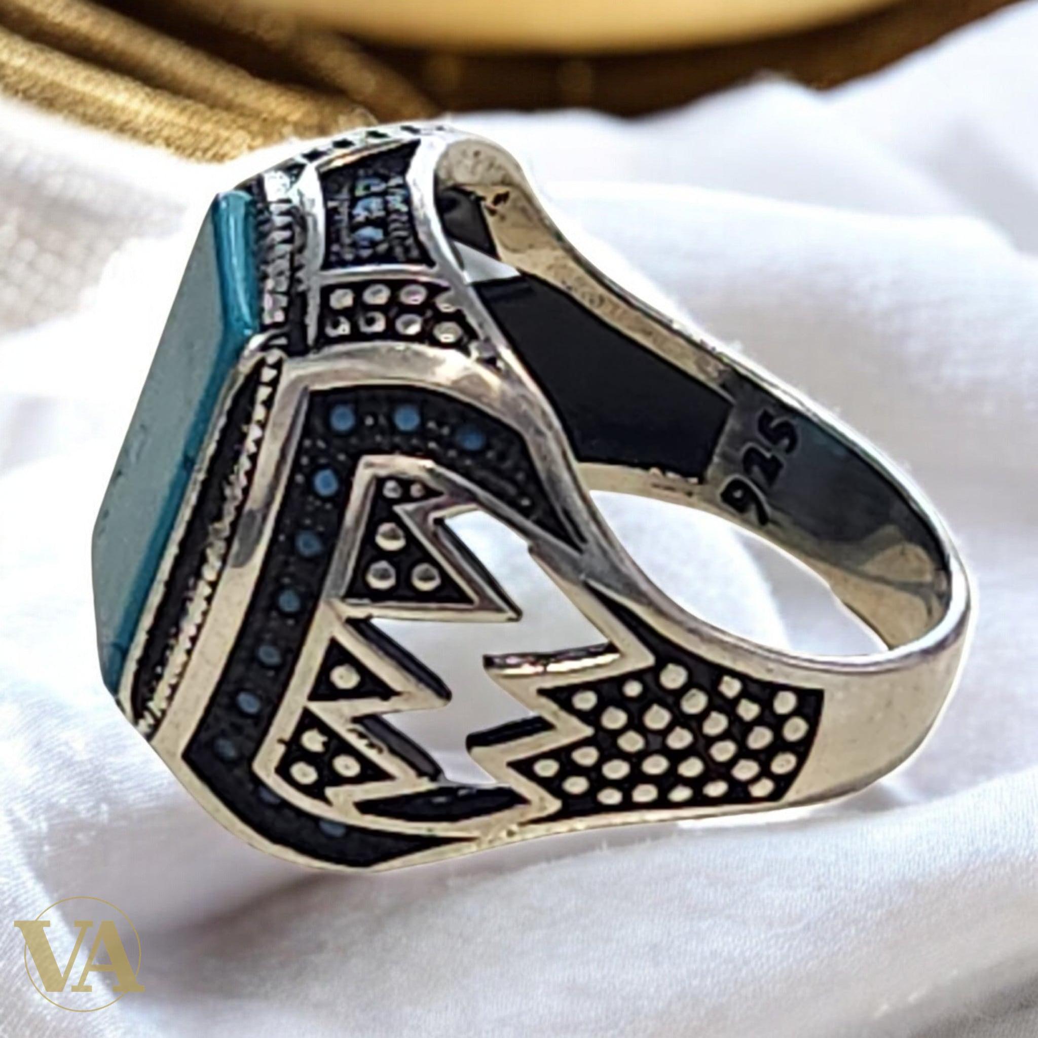 Bague homme argent 925 et turquoise rectangulaire - Argent 925 - Vindicta
