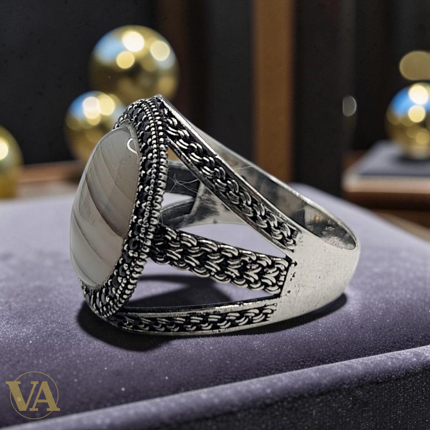 Chevalière Homme Argent 925 Agate Ribanée Zircons Noirs-Vindicta : Bijoux Argent 925 Massif, Luxe et Héritage