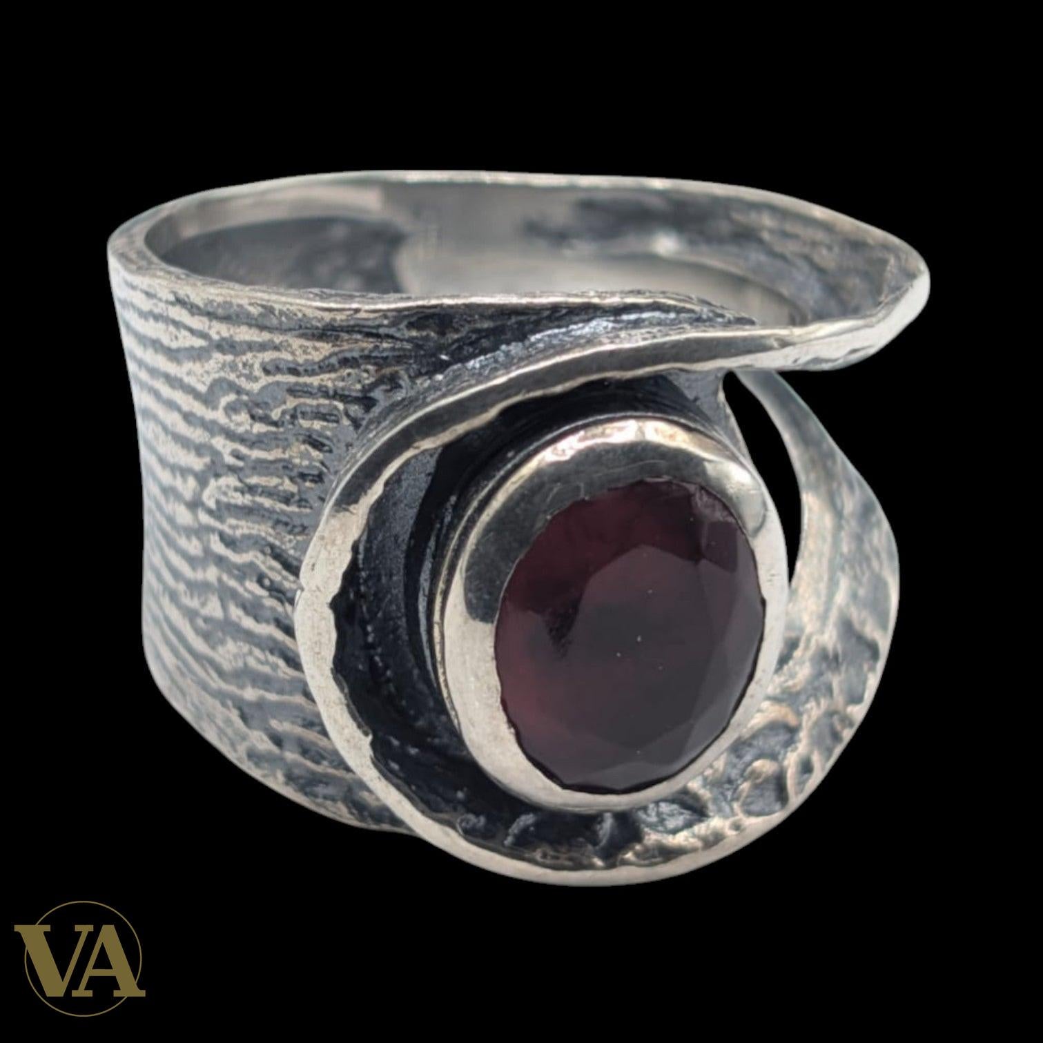 Bague femme Argent 925 Massif Oxyde Teinté Grenat Design Asymétrique