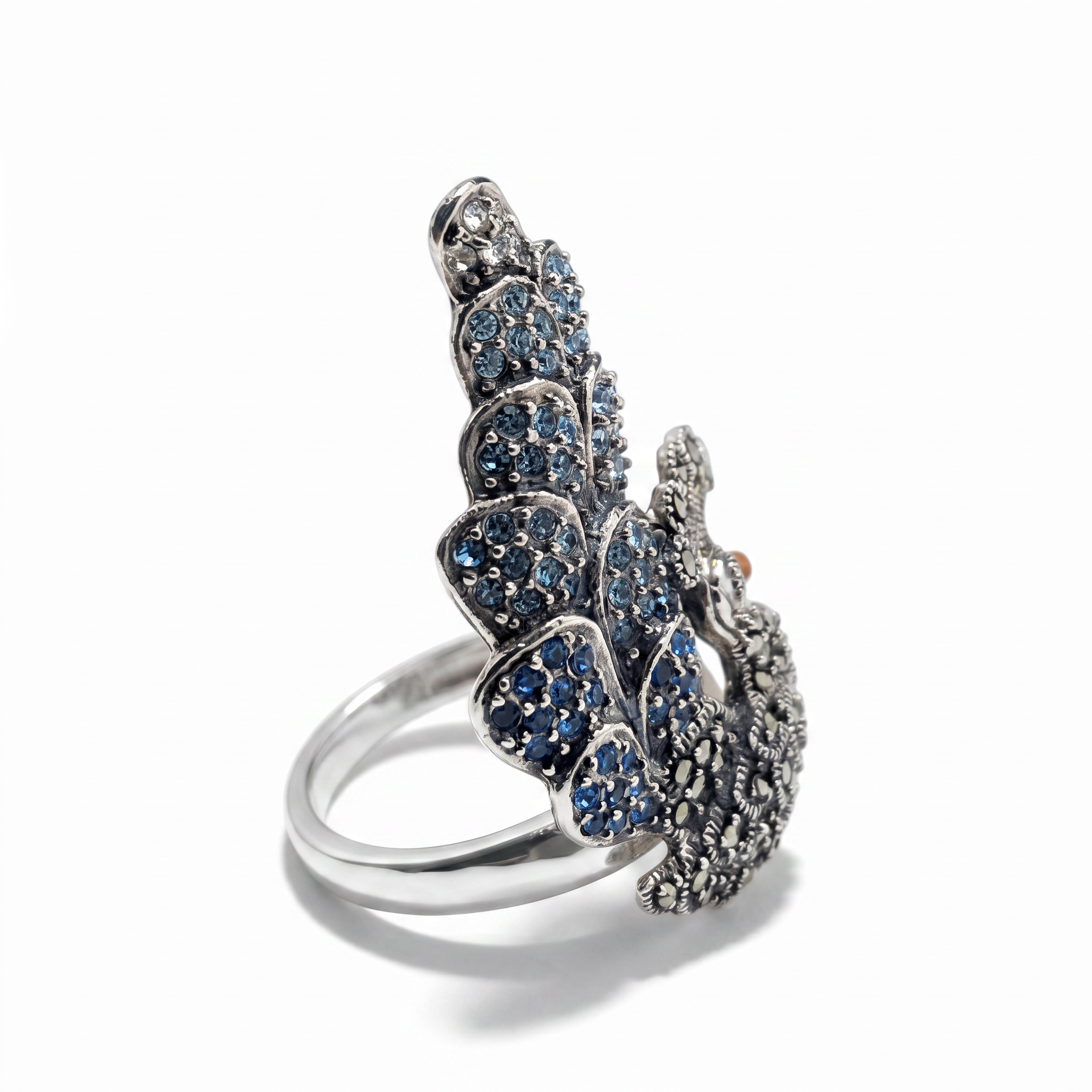 Bague Femme Argent 925 Plume Paon Zirconium Bleu Marcassite-Vindicta : Bijoux Argent 925 Massif, Luxe et Héritage