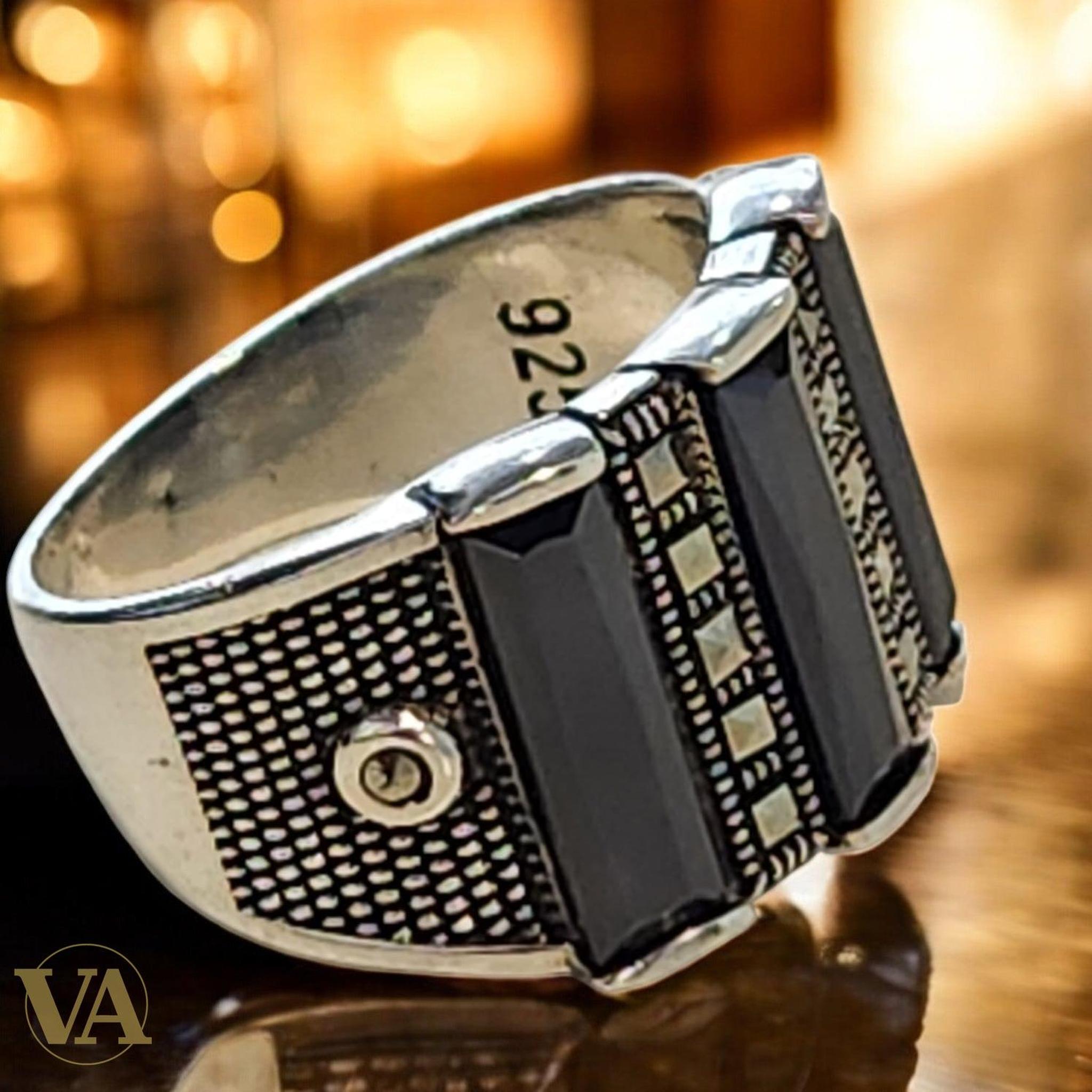 Bague homme argent 925 onyx rectangulaire et marcassites | Bijoux Vindicta