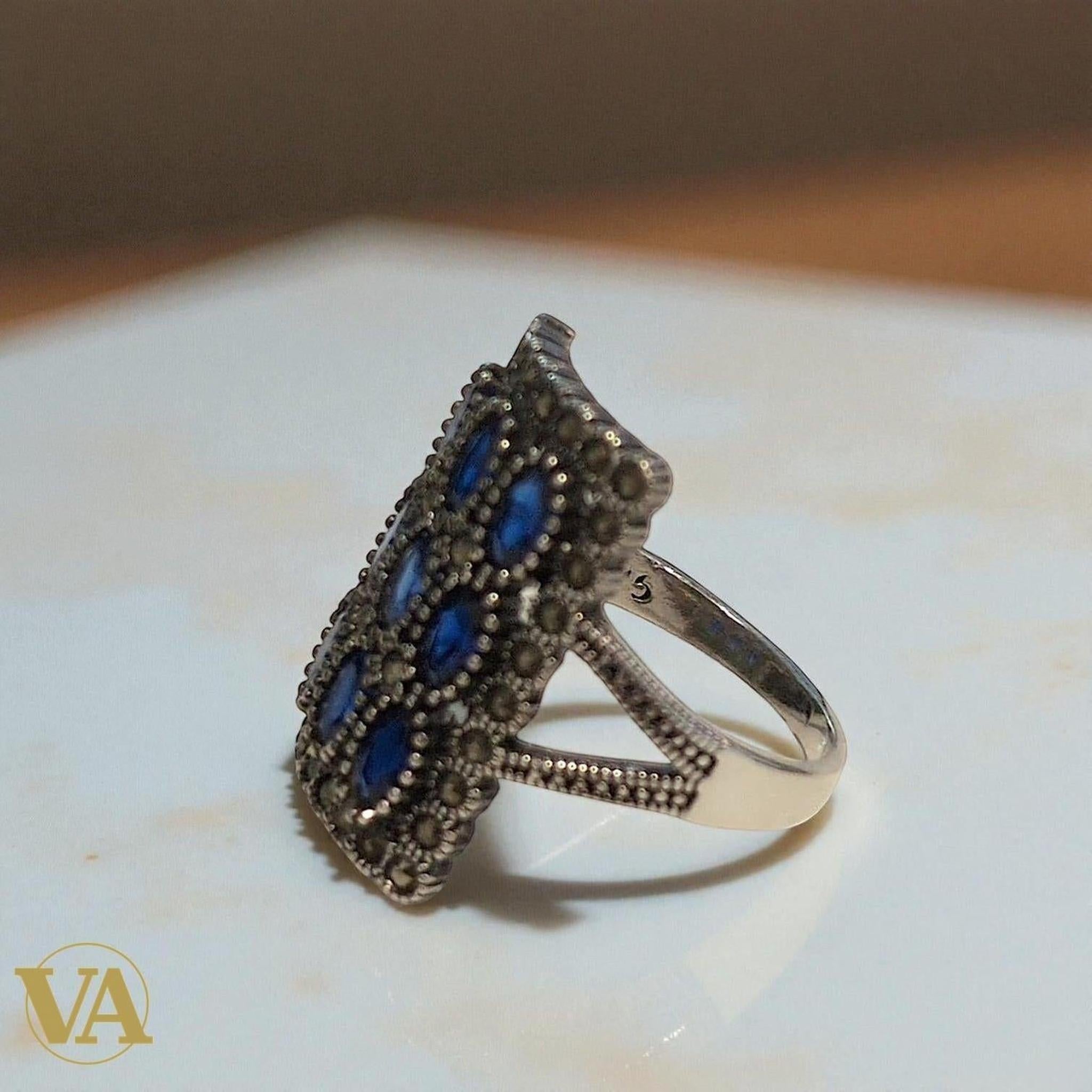 Bague femme rectangulaire en argent 925, pierres bleues & marcassite - Argent 925 - Vindicta