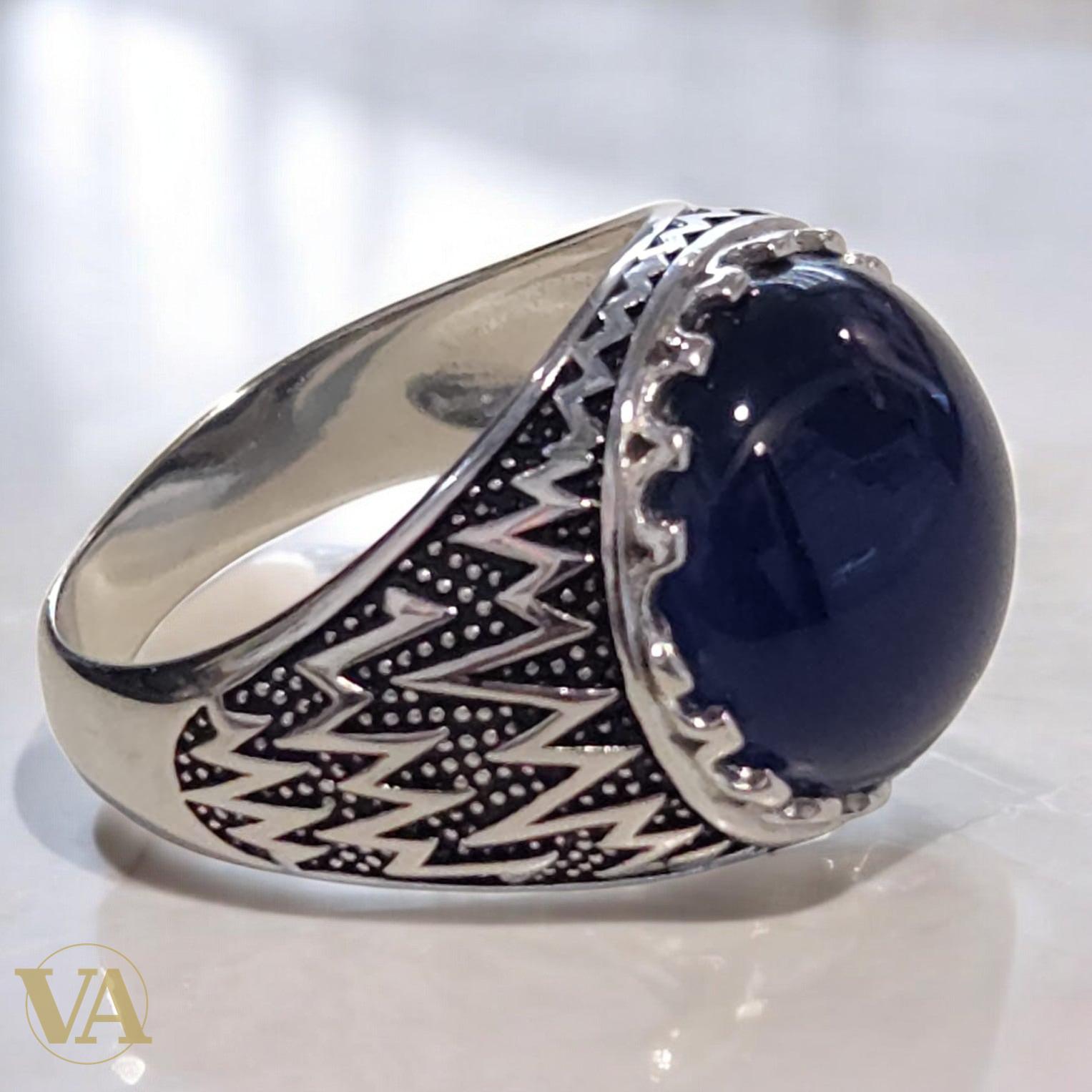 Bague homme argent 925 cabochon agate bleue