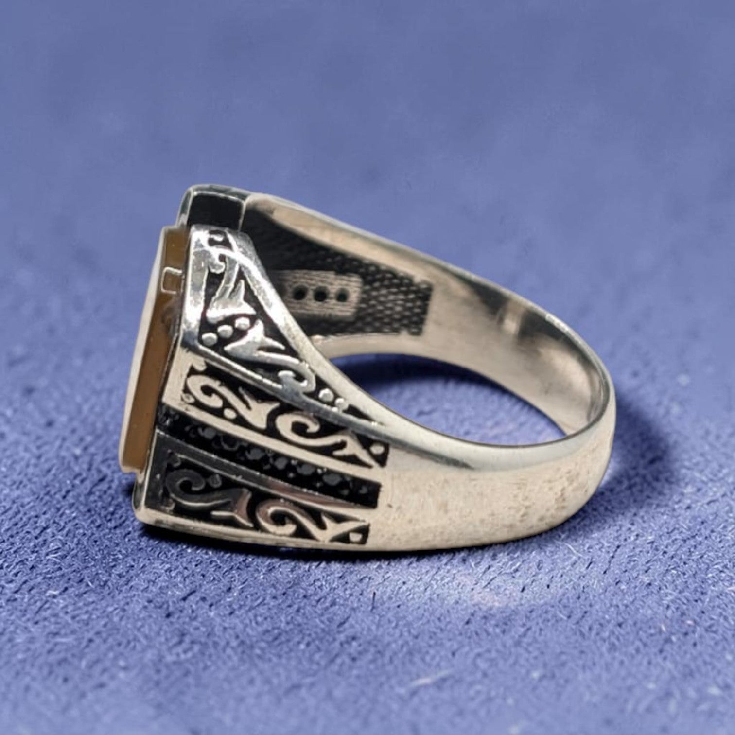 Chevalière Homme Argent 925 Œil de Tigre Arabesques Ottomanes Dorées-Vindicta : Bijoux Argent 925 Massif, Luxe et Héritage
