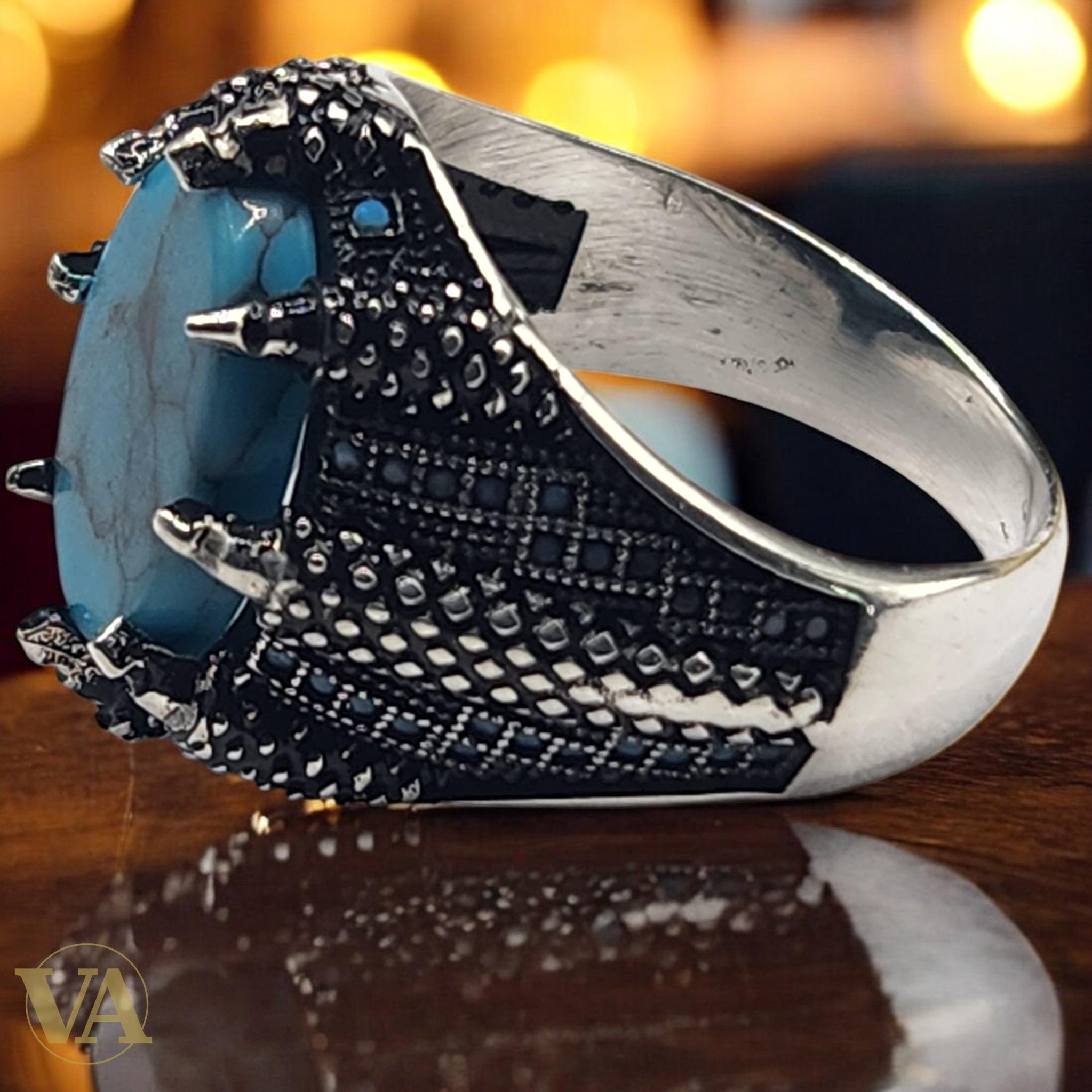 Bague Homme Argent 925 – Turquoise ovale cabochon & griffes protectrices