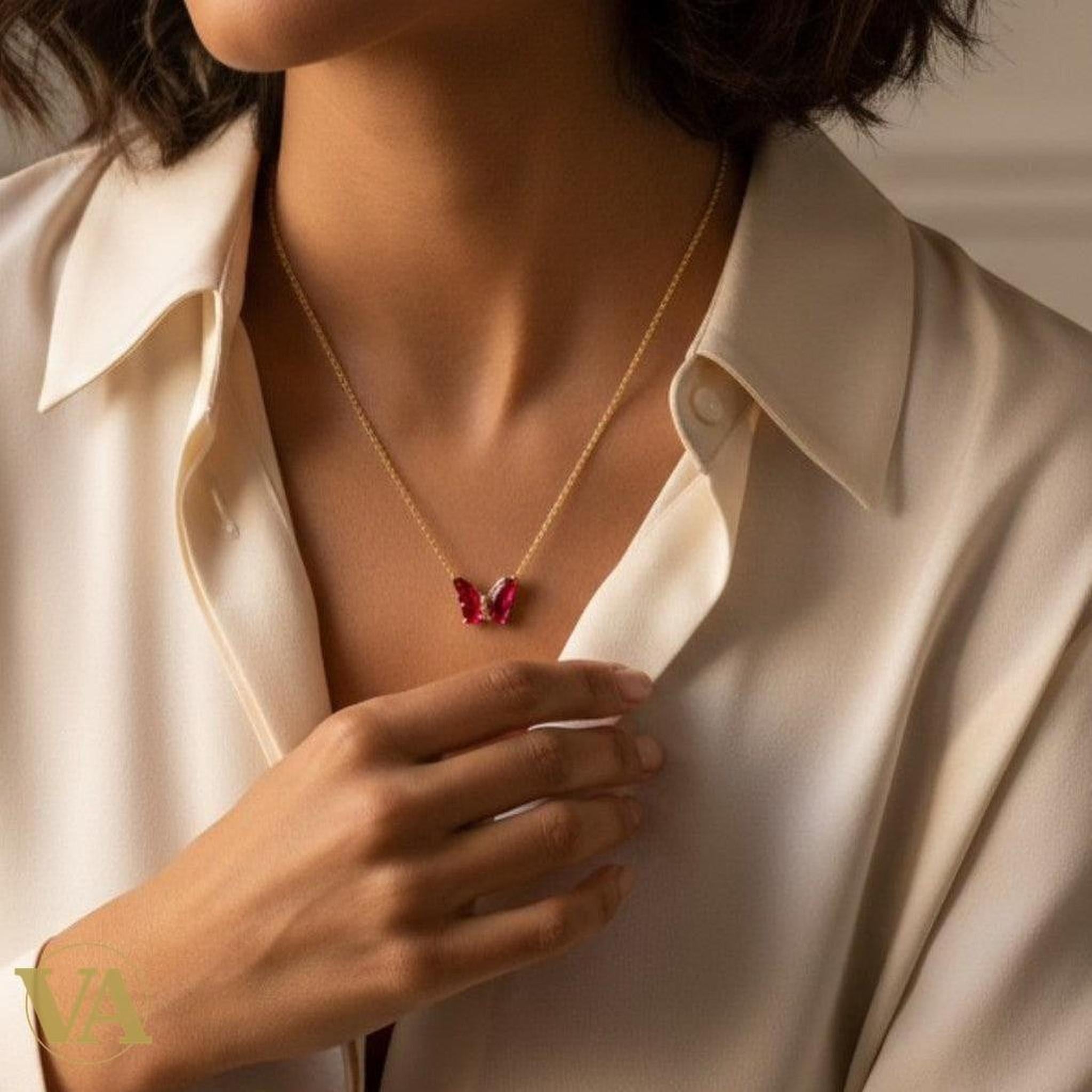 Collier Femme Papillon Vermeil — Grenat Rouge Taille Marquise - Argent 925 - Vindicta