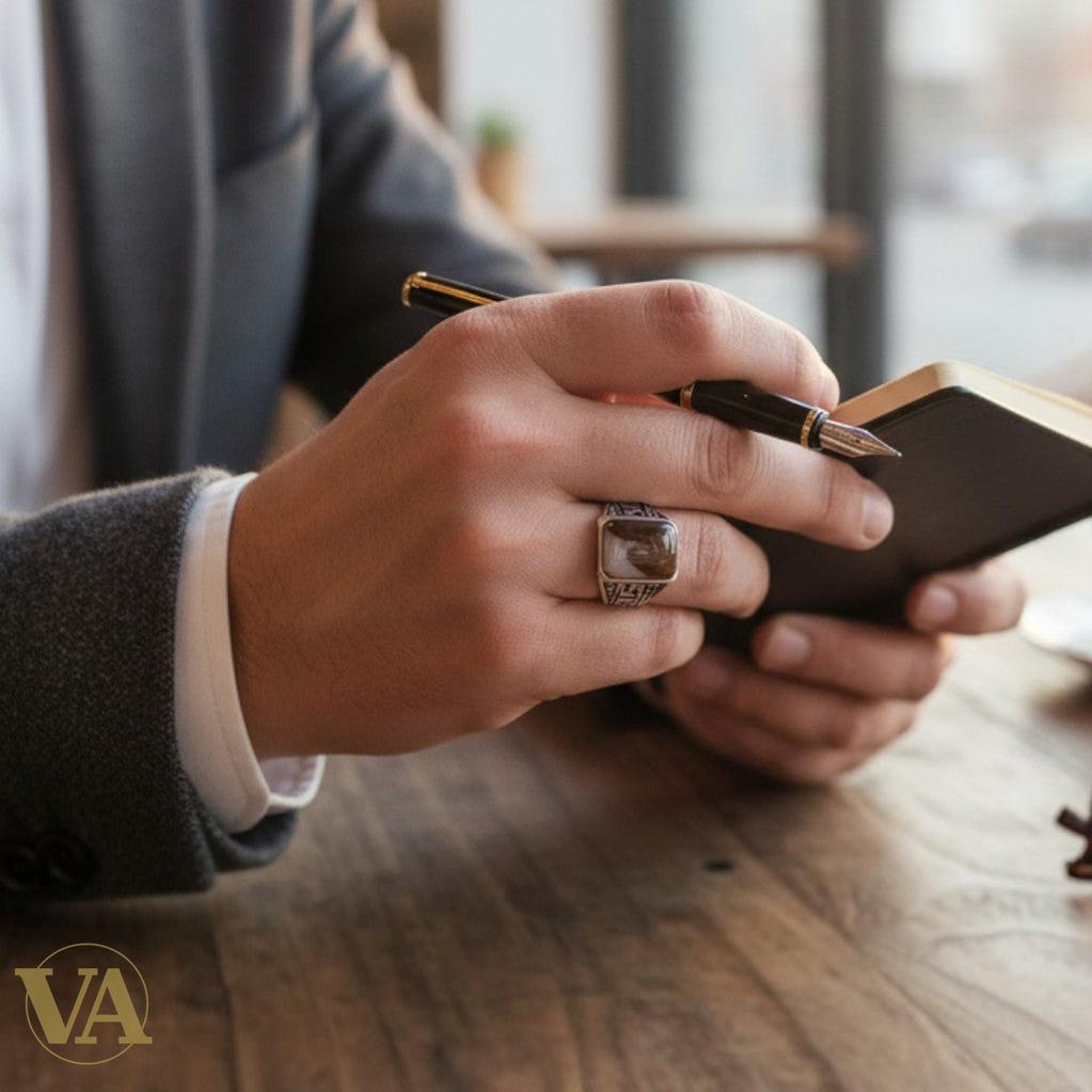 Bague Homme Argent 925 – Agate Fleur rectangulaire & motifs ciselés