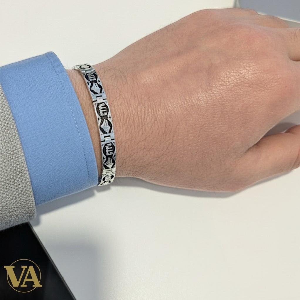Bracelet Homme Argent 925 – Motifs Gravés & Maille Plate