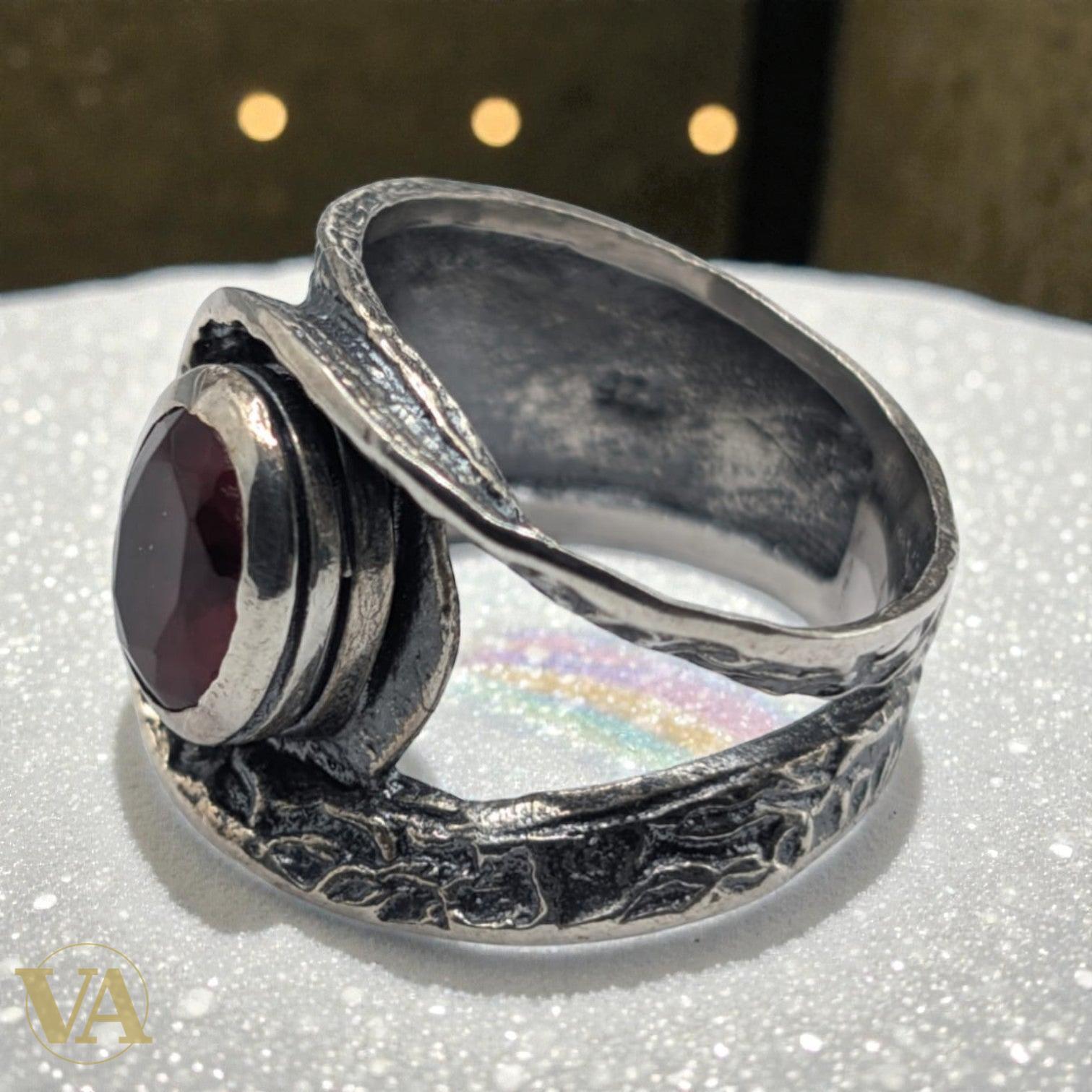 Bague femme Argent 925 Massif Oxyde Teinté Grenat Design Asymétrique