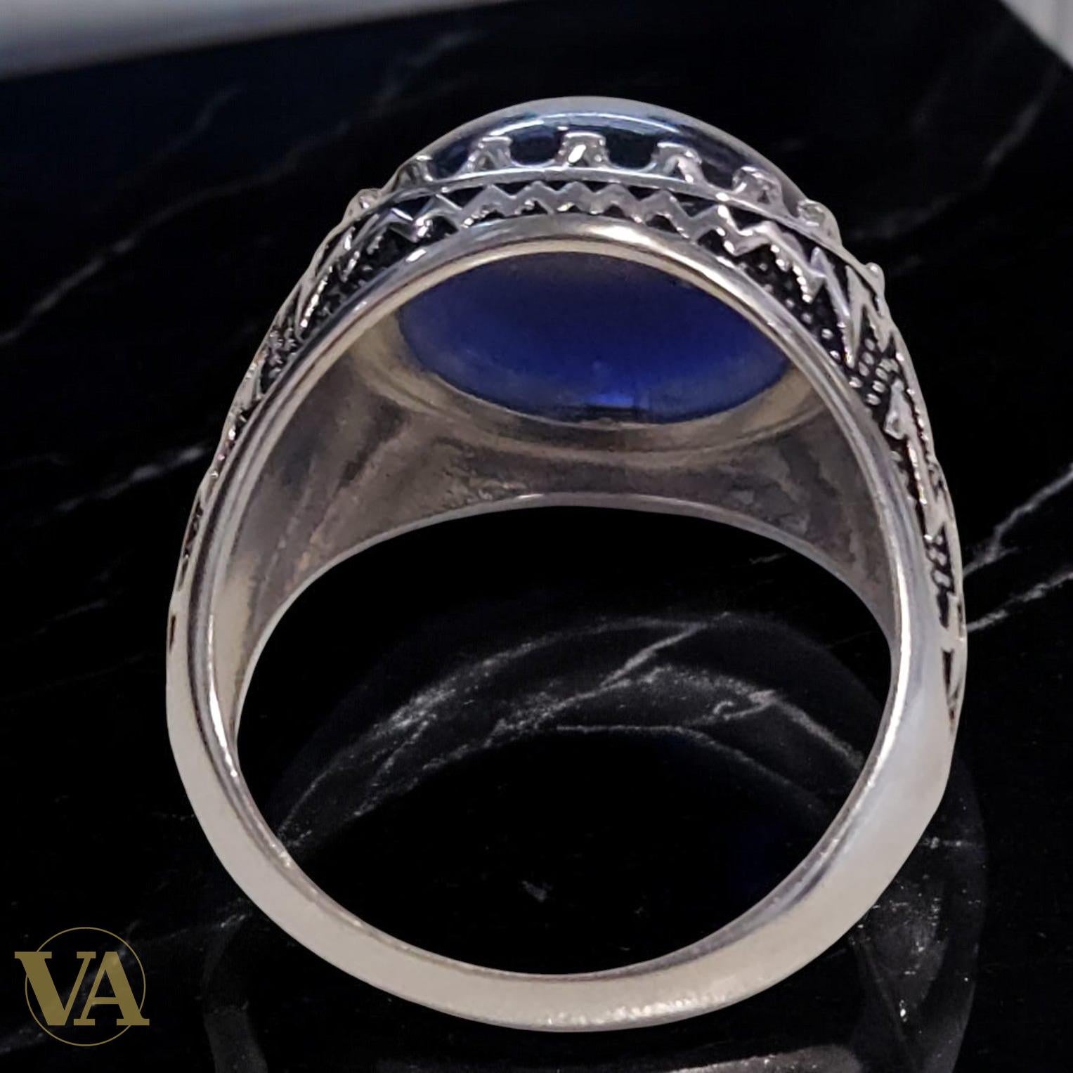 Bague homme argent 925 cabochon agate bleue