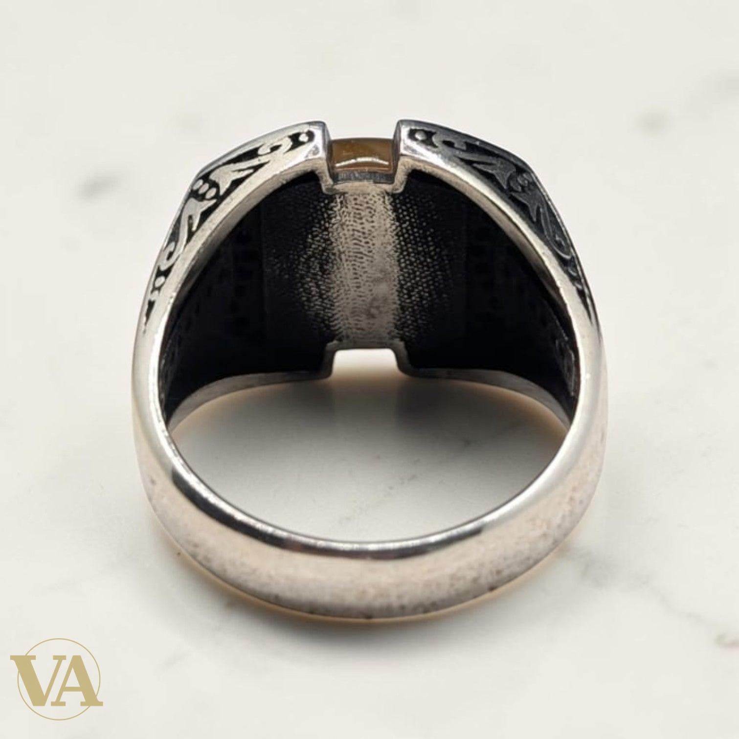 Chevalière Homme Argent 925 Œil de Tigre Arabesques Ottomanes Dorées - Argent 925 - Vindicta