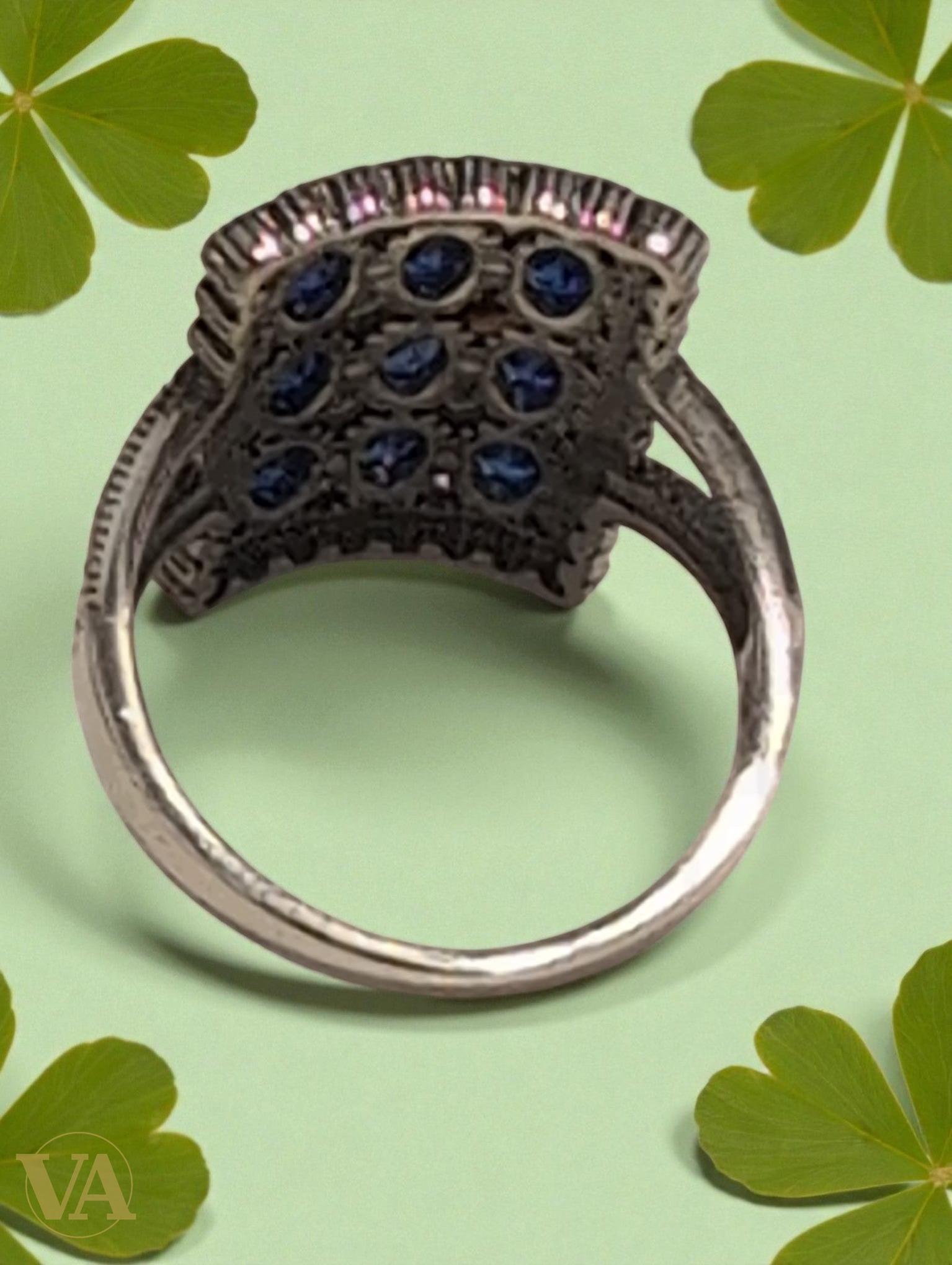 Bague rectangulaire en argent 925, pierres bleues & marcassite