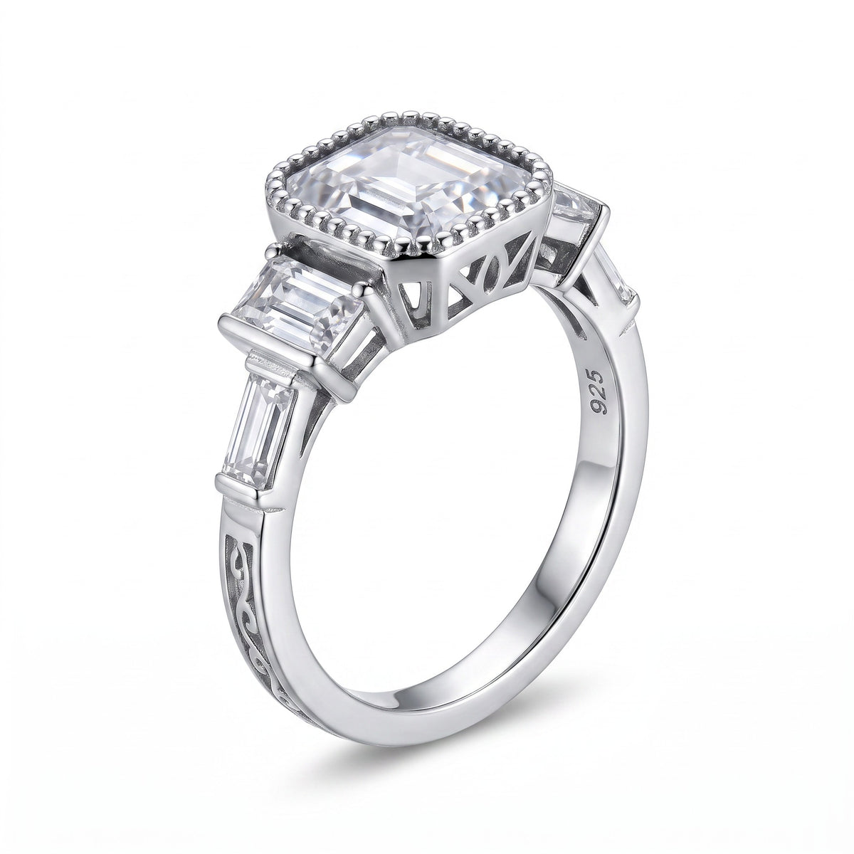 Bague Femme Argent 925 Solitaire Zircon Asscher Milgrain Art Déco