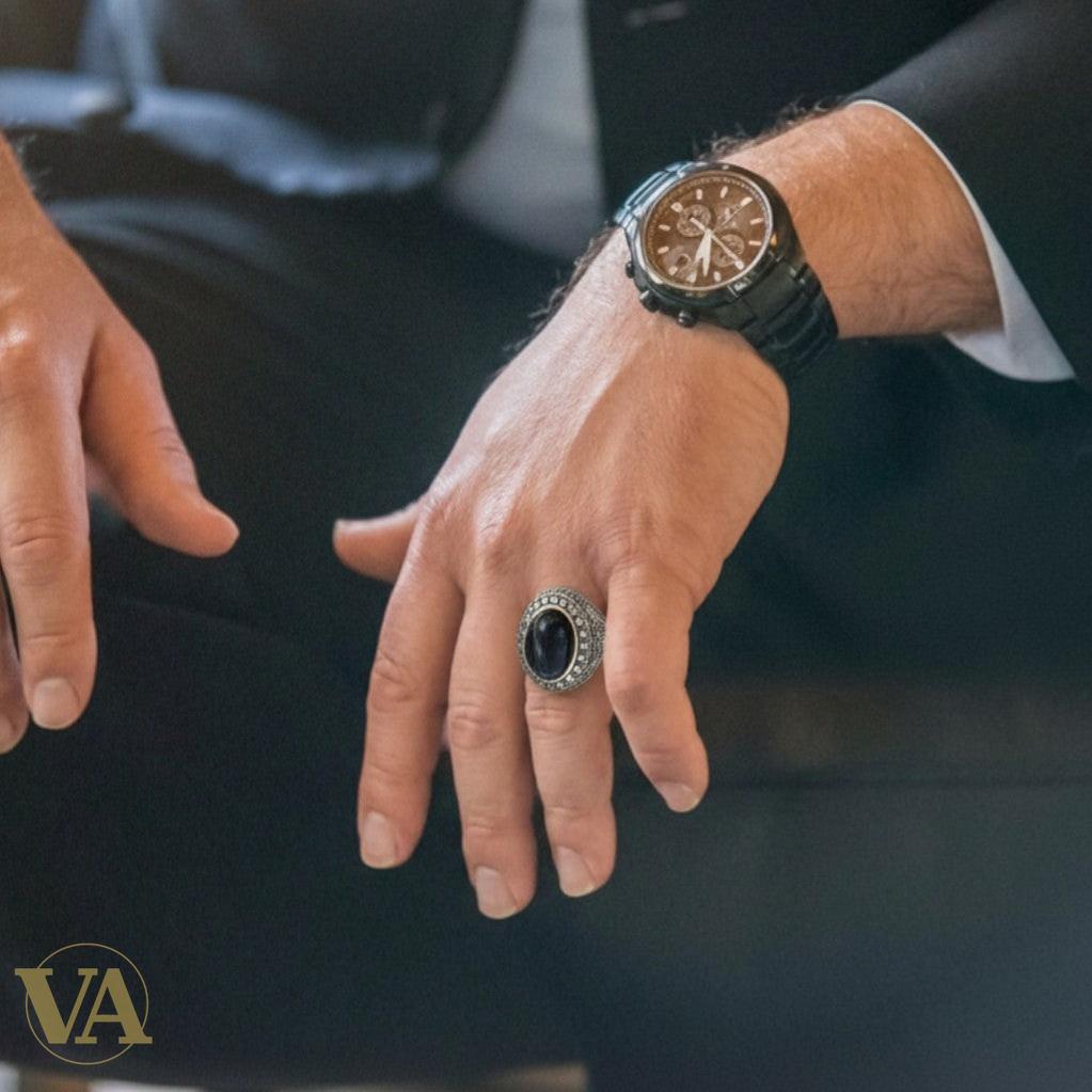 Bague Homme Argent 925 – Agate Bleu Nuit Naturelle