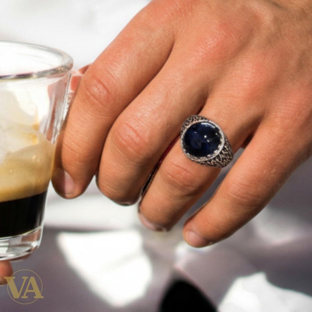 Bague homme argent 925 cabochon agate bleue