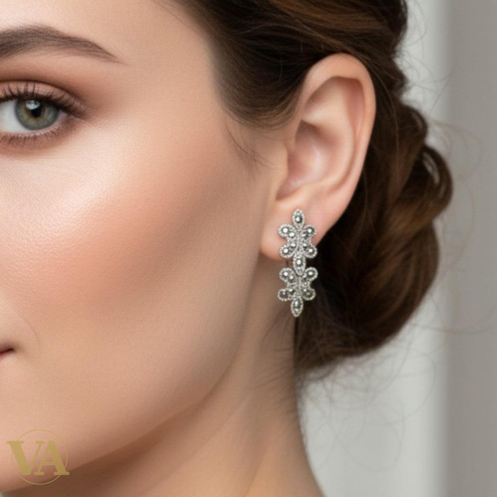 Boucles d'Oreilles Argent 925 Marcassite Fleur de Lys