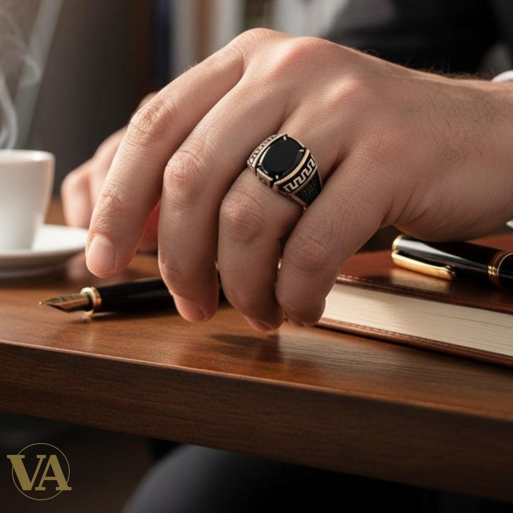 Bague Homme Argent 925 Onyx Noir – Griffes & Méandre Grec Ottoman