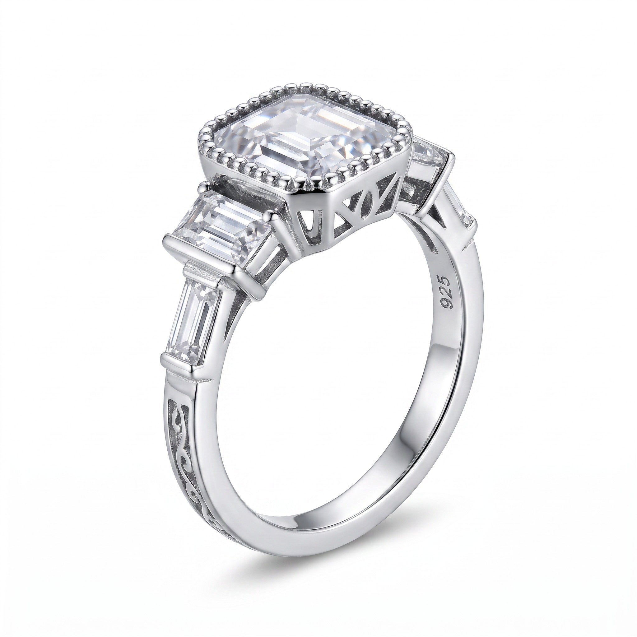 Bague femme argent 925 solitaire zircon Asscher tige entrelacs fond noir