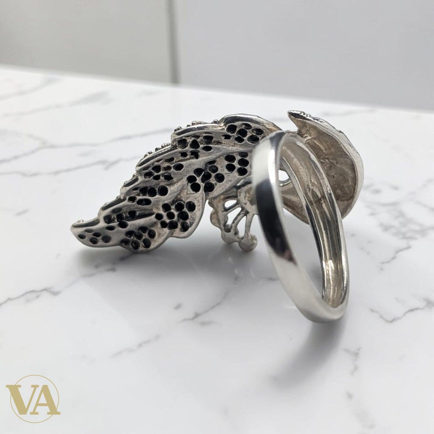 Bague Femme Argent 925 Plume Paon Zirconium Bleu Marcassite