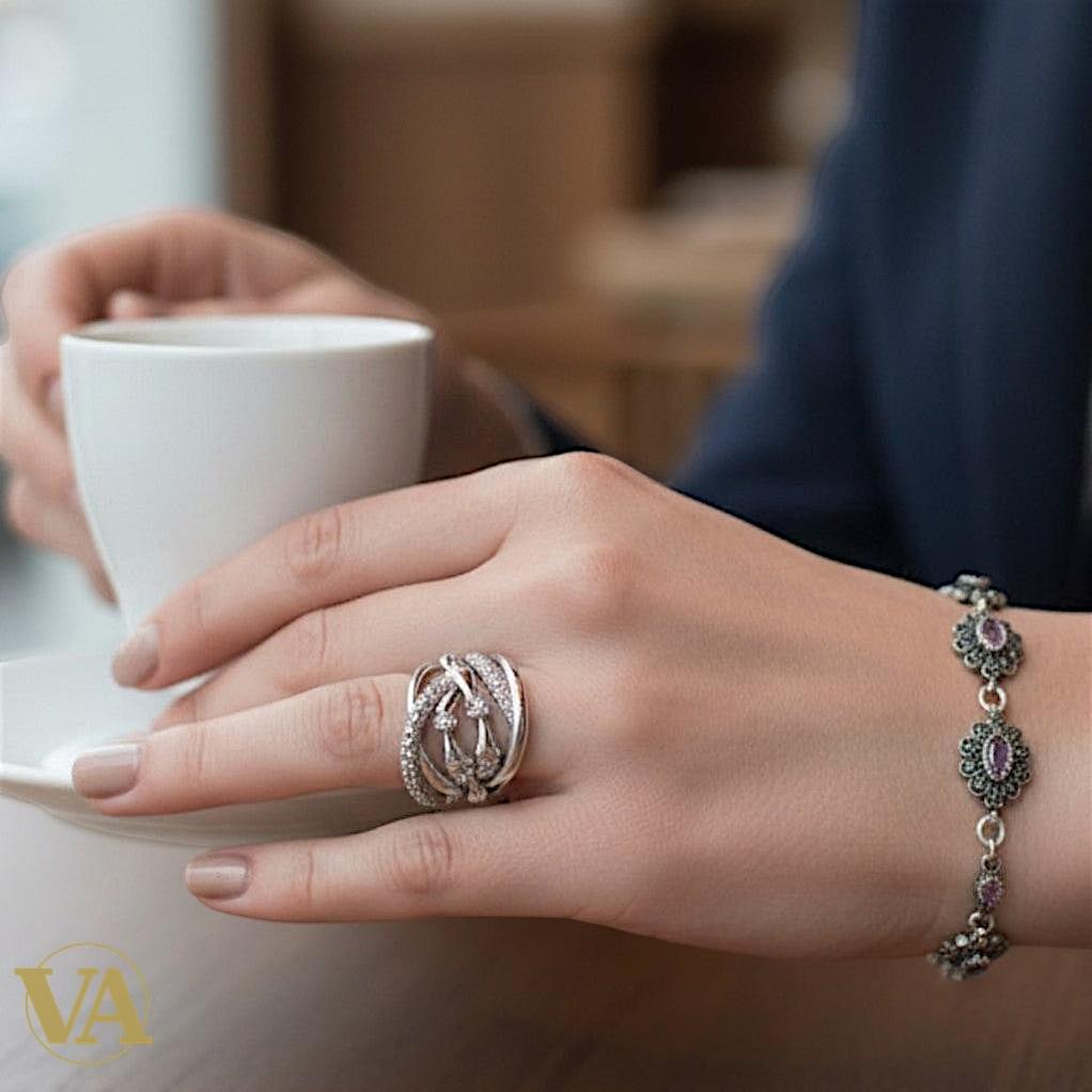 Bague femmes Argent 925 Entrelacs Oxydes Blancs