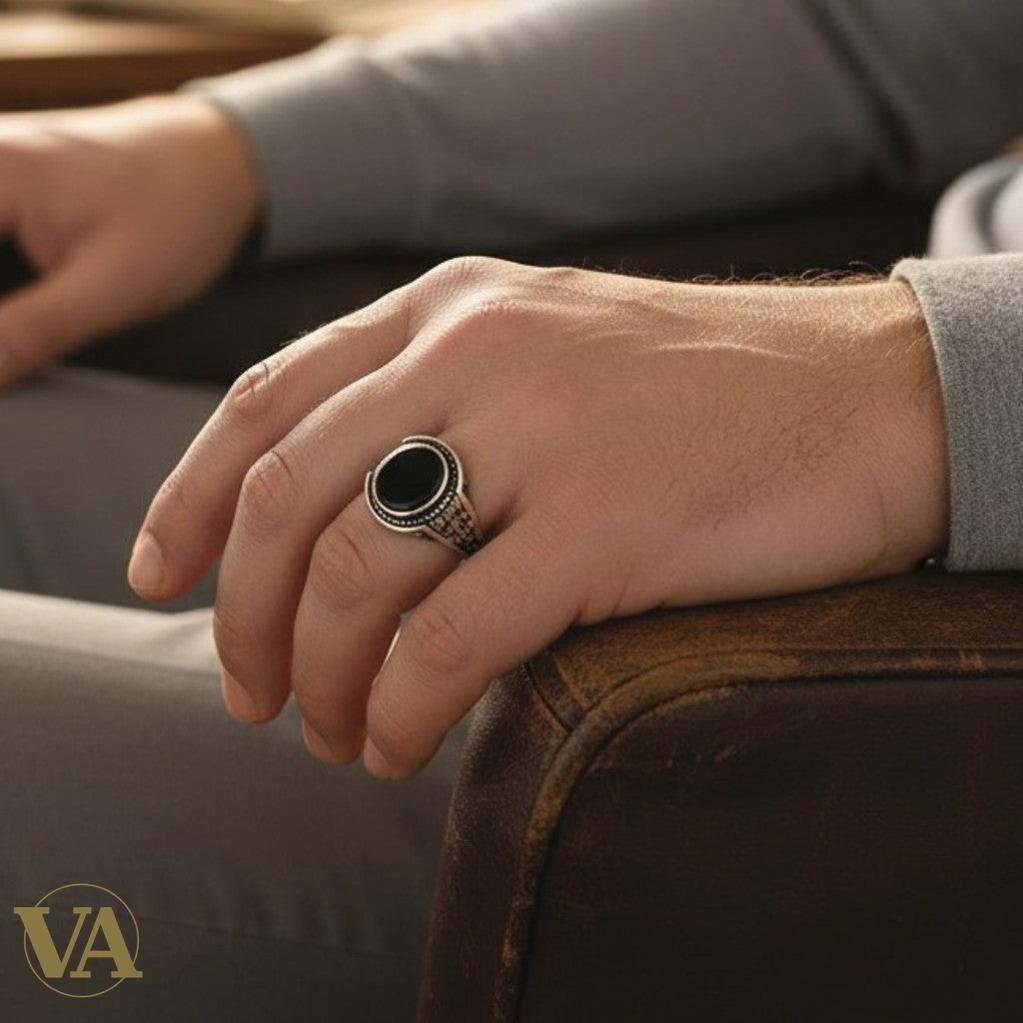 Bague homme argent 925 – Onyx Noir & Monture Tressée Ottomane | Bijoux Vindicta