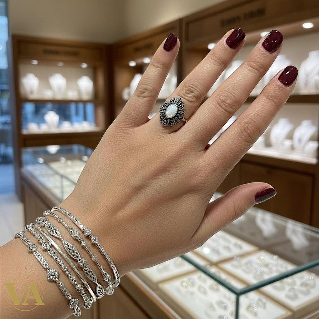 Bague Femme Argent 925 Pierre de Lune – Marcassite Vintage