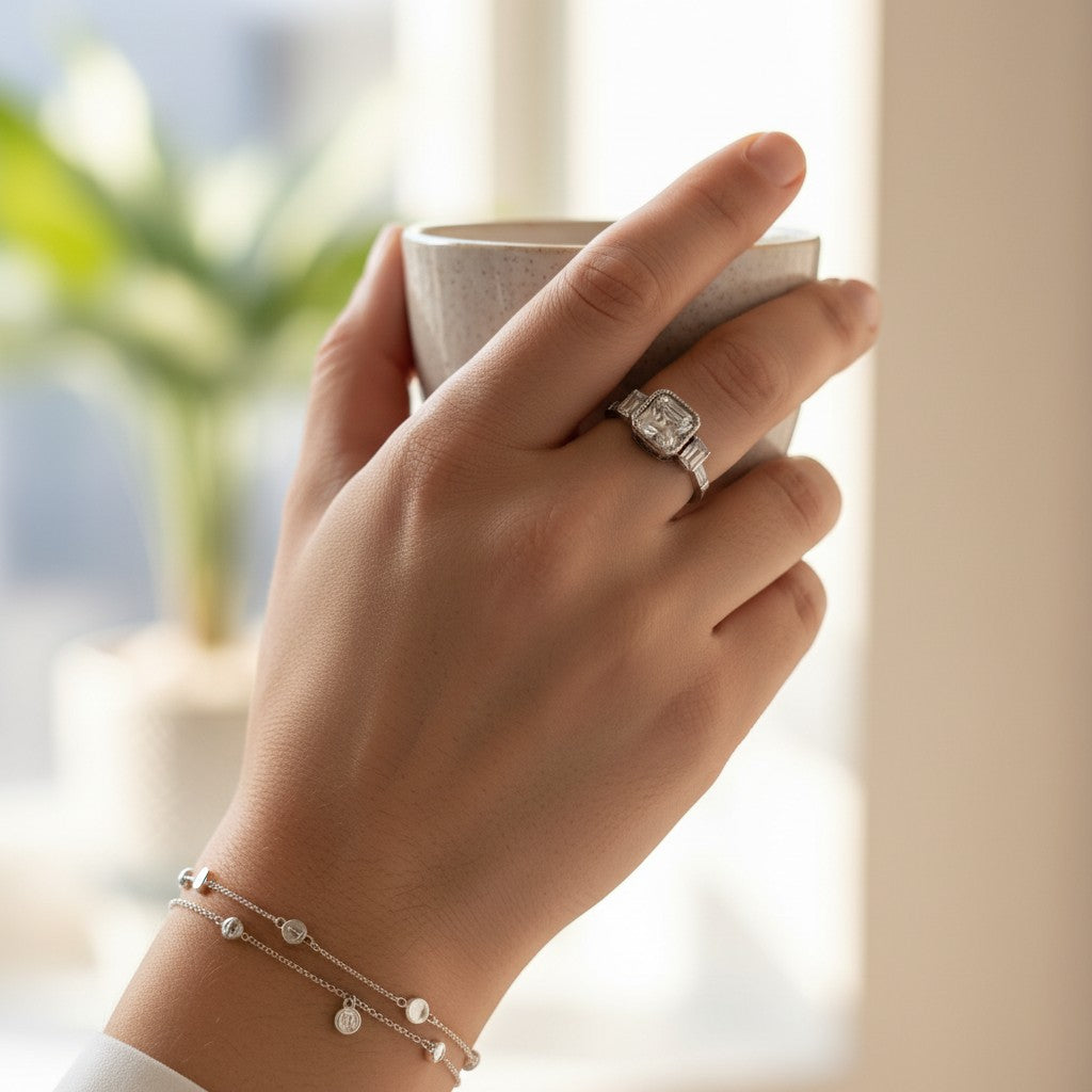 Bague Femme Argent 925 Solitaire Zircon Asscher Milgrain Art Déco