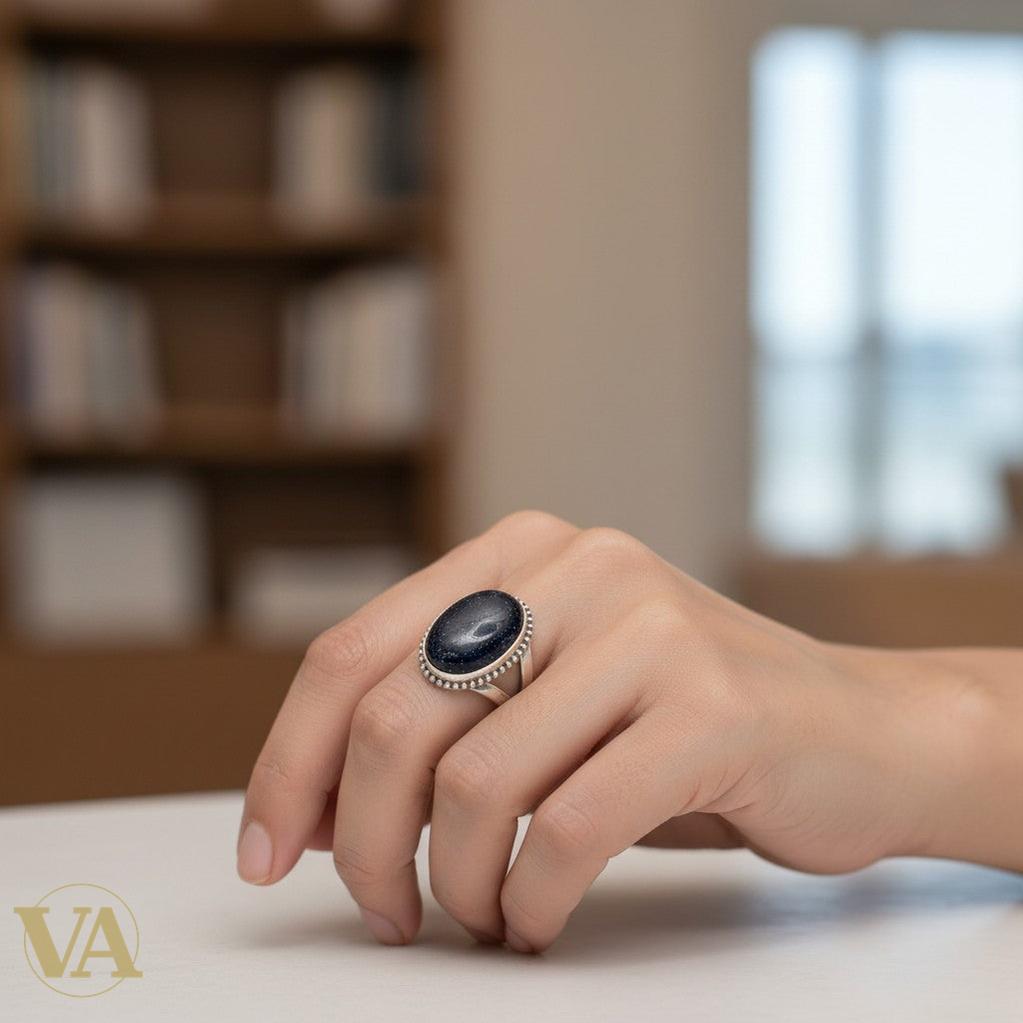 Bague femme argent 925 Pierre des Étoiles bleue cabochon ovale