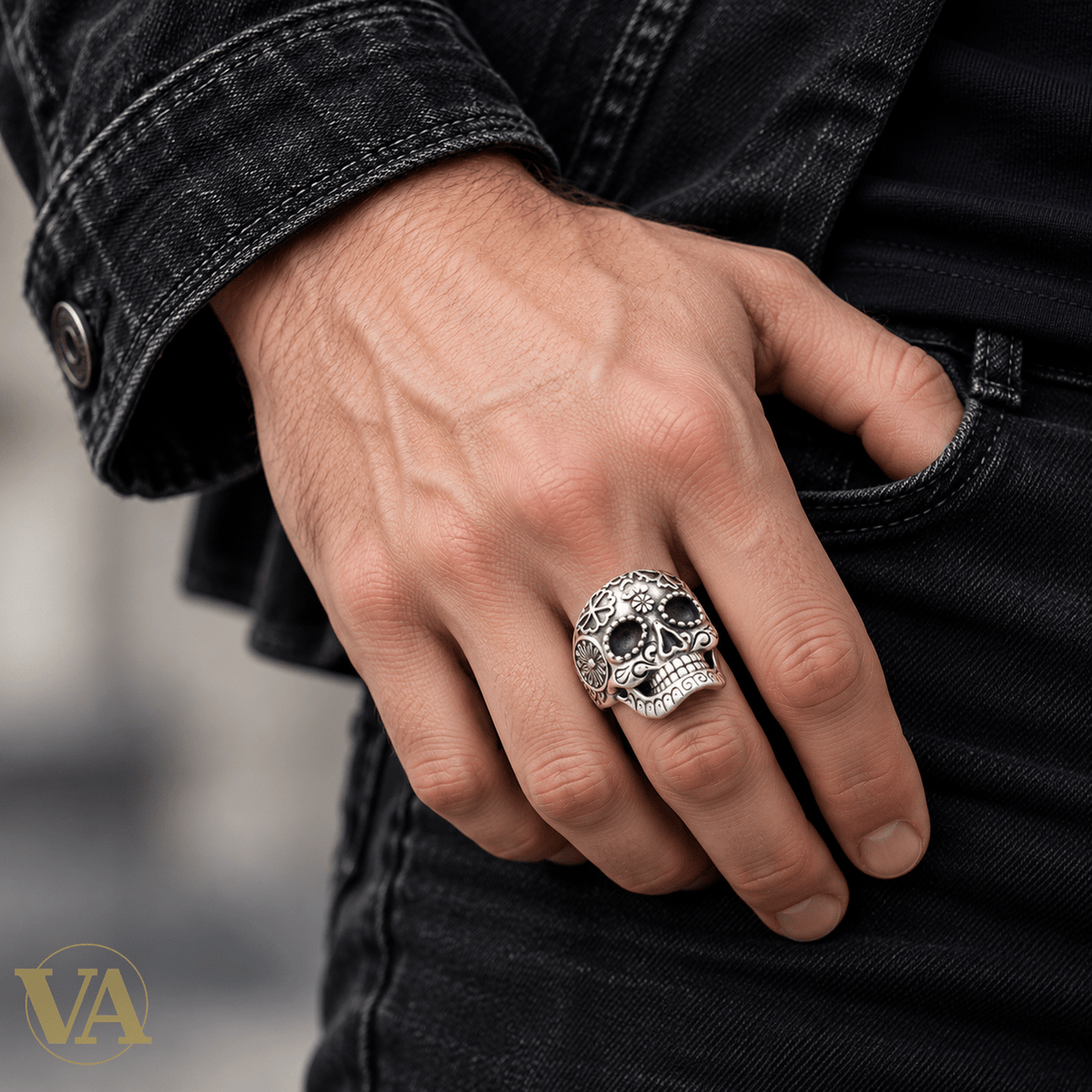 Bague Homme Argent 925 Rhodié – Crâne Fleuri - Argent 925 - Vindicta