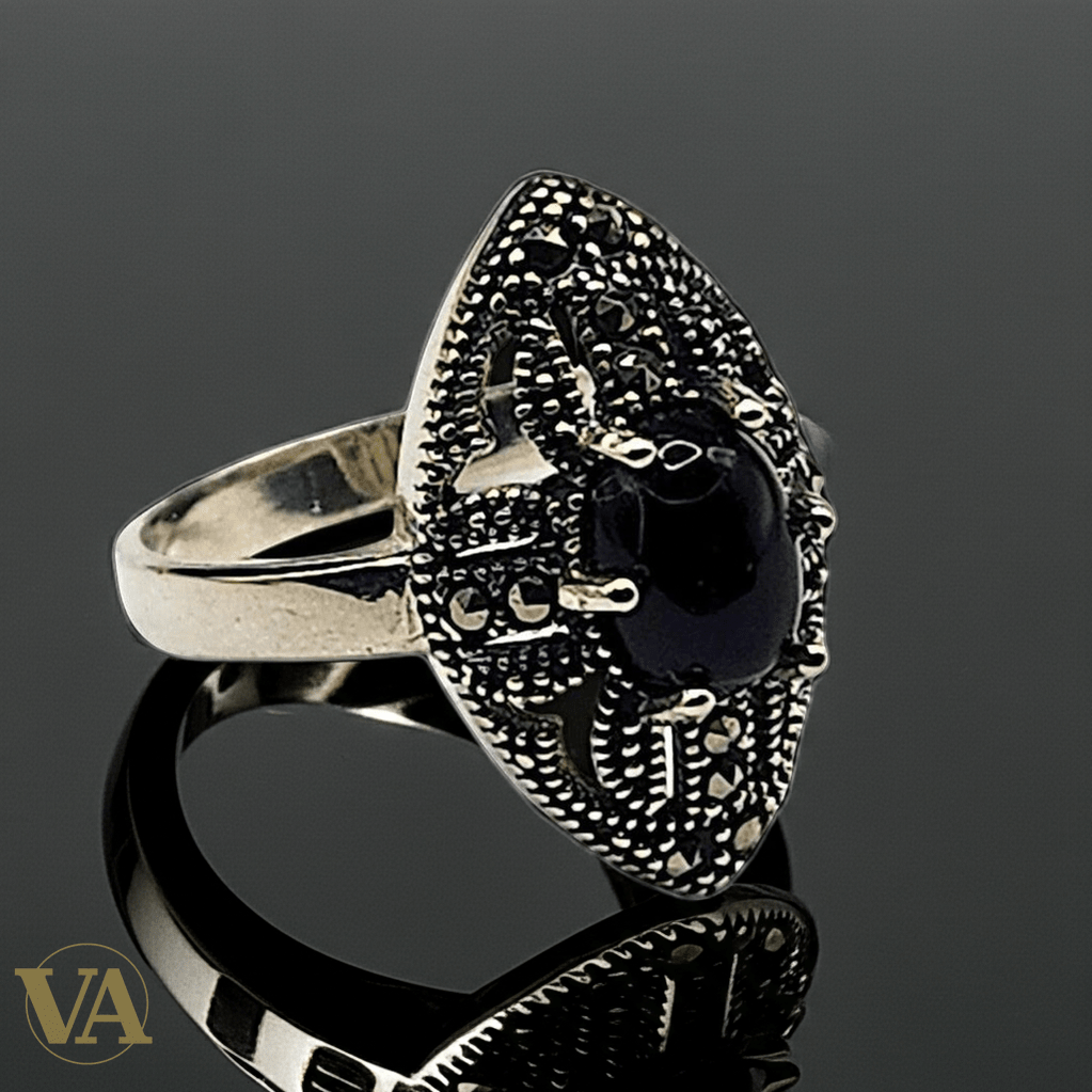 Bague Femme Argent 925 Onyx Noir Cabochon & Marcassites – Style Rétro - Argent 925 - Vindicta