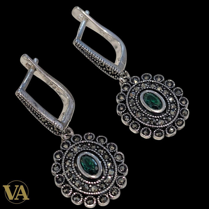 Boucles d’oreilles femme argent 925 marcassite et oxyde vert – Style vintage floral