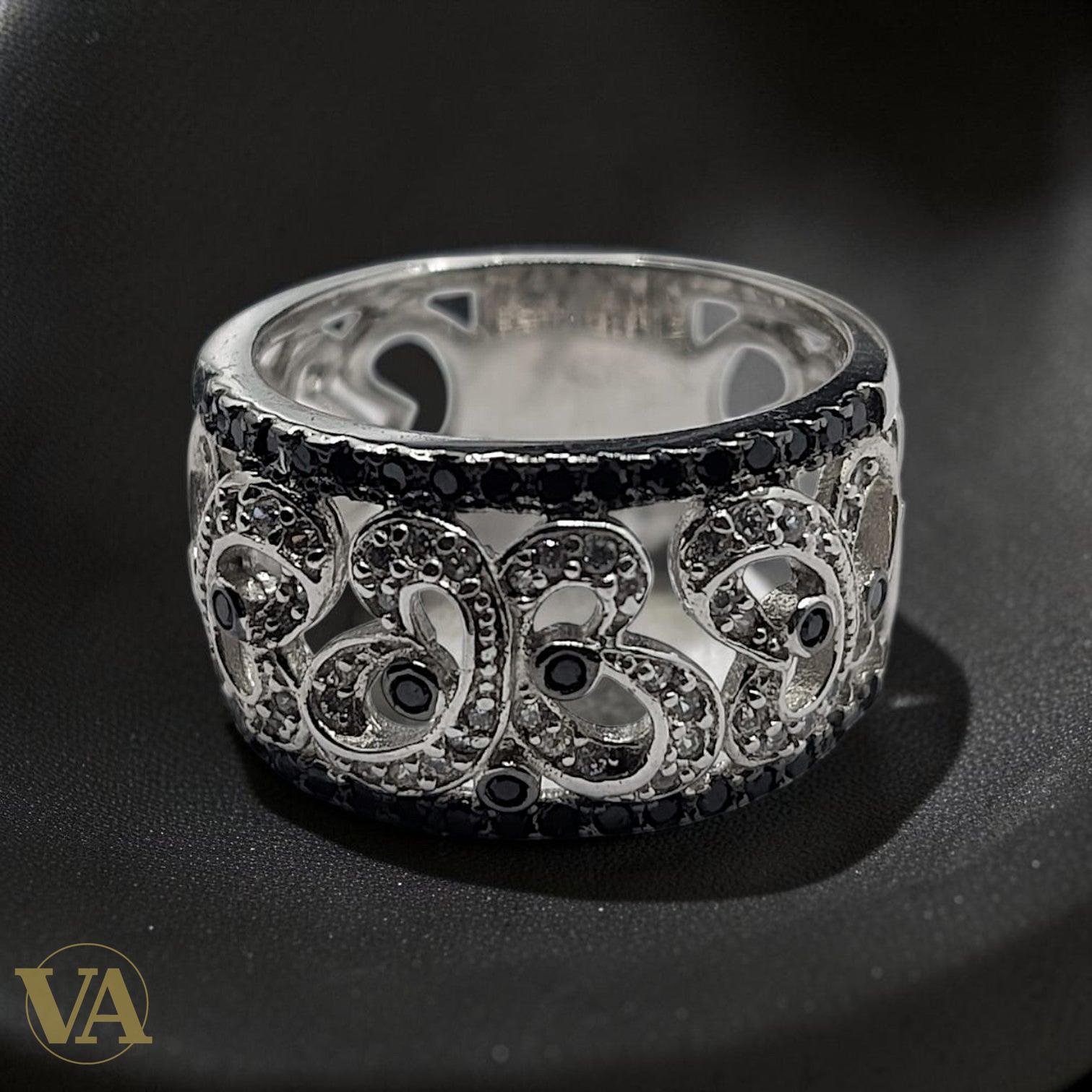 Bague femme argent 925 Chevalière large volutes Art Déco Zircons Onyx noir